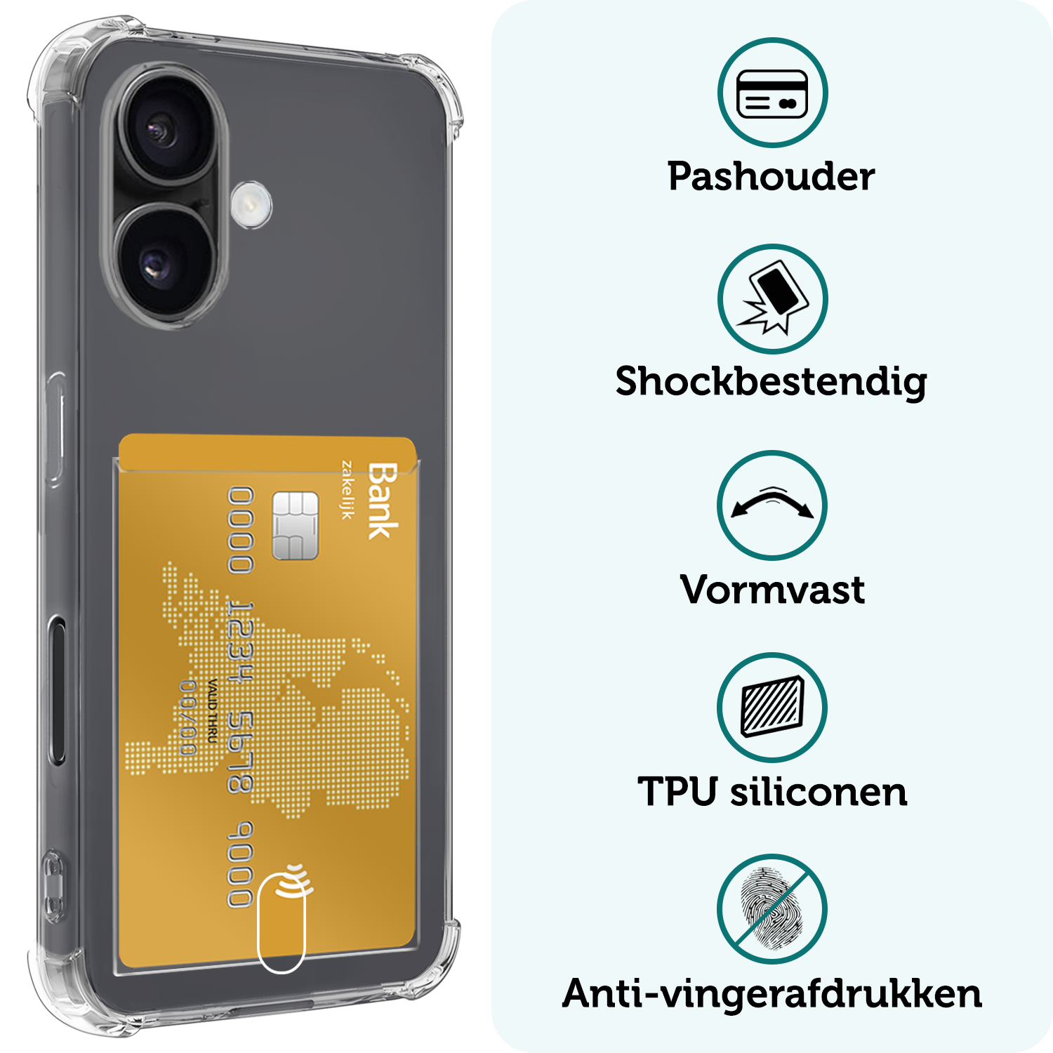 Forterra Hoesje Geschikt voor iPhone 16 Pashouder Case Siliconen Hoes Met 2x Screenprotector - Hoes Geschikt voor iPhone 16 Hoesje Back Cover Met Pasjeshouder - Transparant