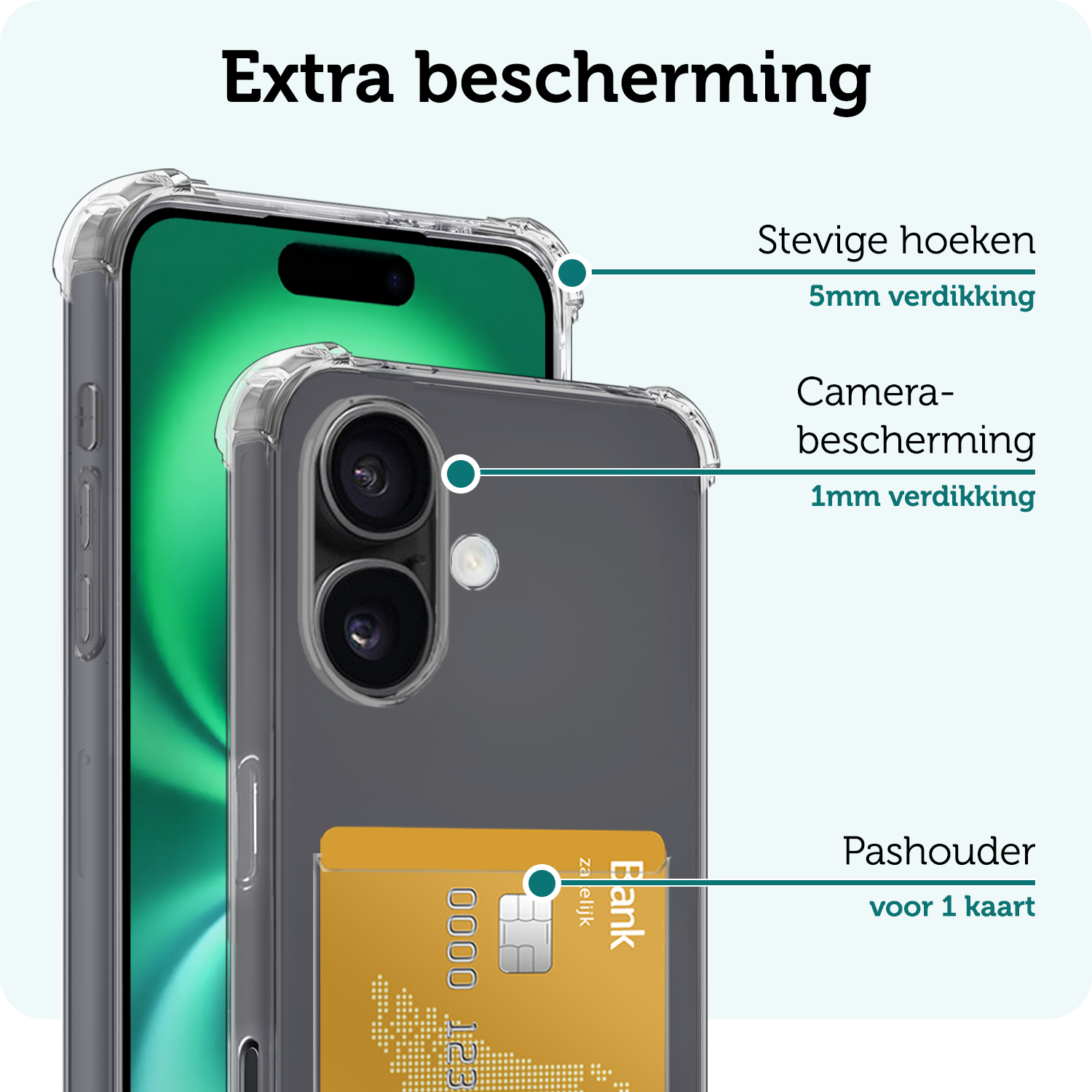 Forterra Hoesje Geschikt voor iPhone 16 Pashouder Case Siliconen Hoes Met 2x Screenprotector - Hoes Geschikt voor iPhone 16 Hoesje Back Cover Met Pasjeshouder - Transparant