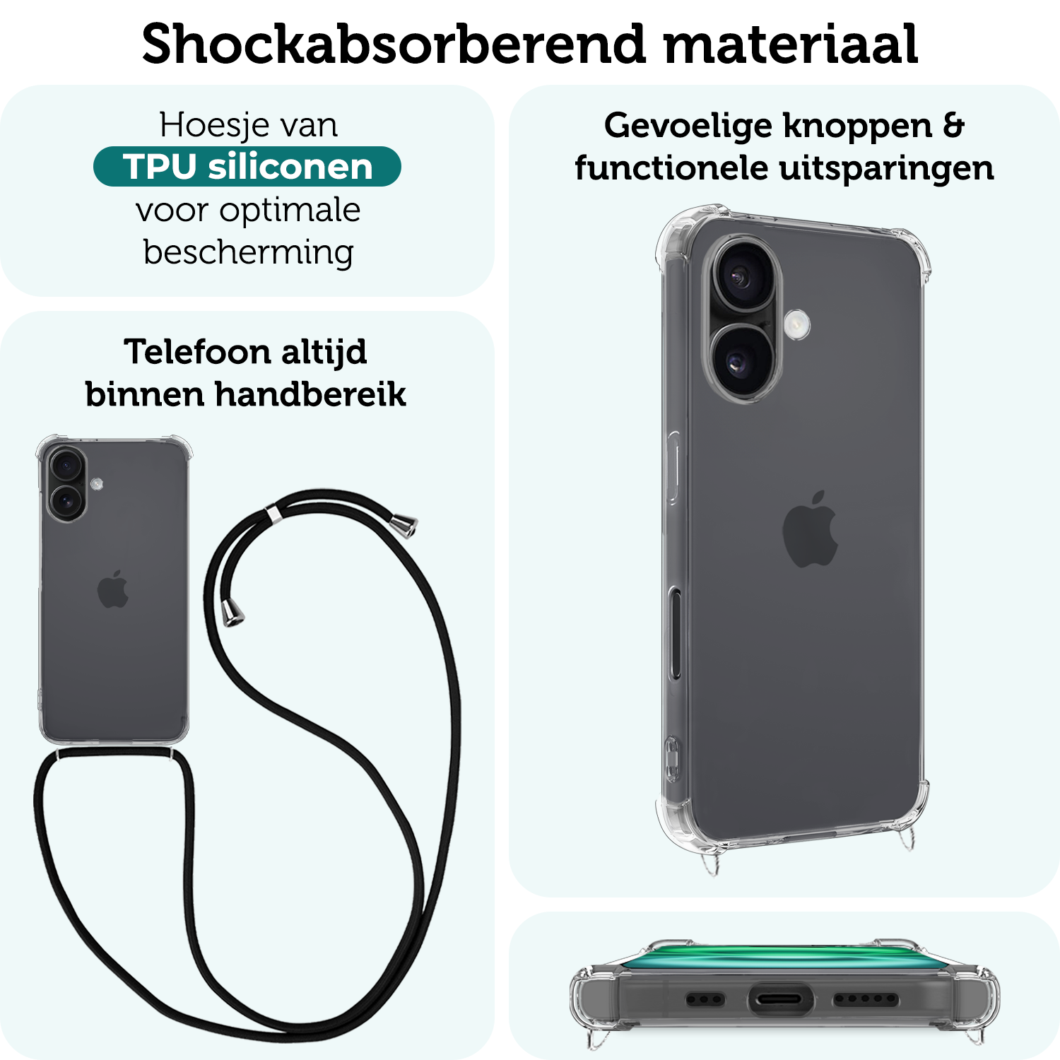 Forterra Hoesje Geschikt voor iPhone 16 Case Siliconen Hoes Met Koord - Hoes Geschikt voor iPhone 16 Met Telefoonkoord Hoesje Back Cover - Transparant