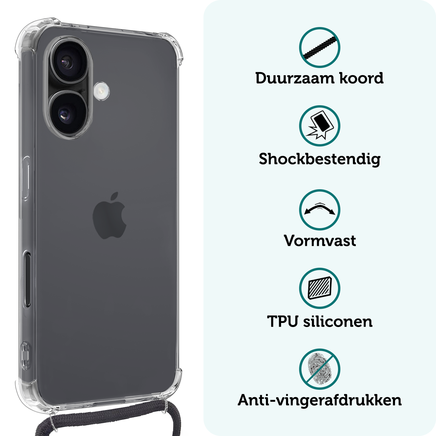 Forterra Hoesje Geschikt voor iPhone 16 Case Siliconen Hoes Met Koord - Hoes Geschikt voor iPhone 16 Met Telefoonkoord Hoesje Back Cover - Transparant