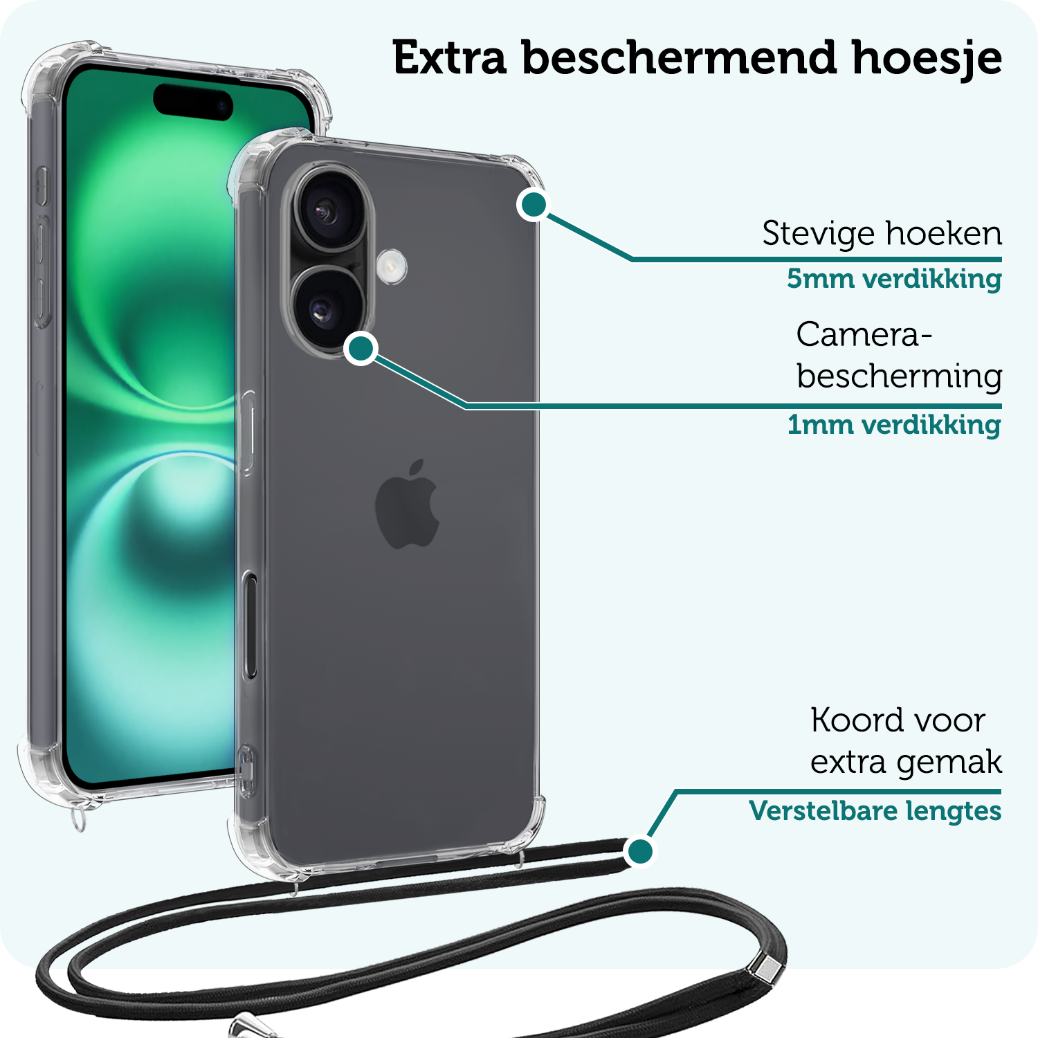 Forterra Hoesje Geschikt voor iPhone 16 Case Siliconen Hoes Met Koord - Hoes Geschikt voor iPhone 16 Met Telefoonkoord Hoesje Back Cover - Transparant