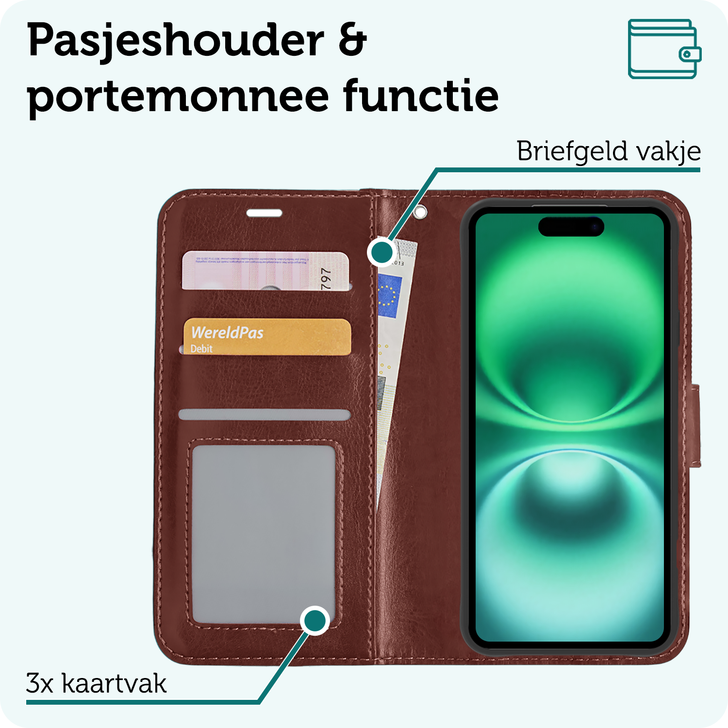 Forterra Hoesje Geschikt voor iPhone 16 Book Case Kunstleer Hoes Met Screenprotector - Hoes Geschikt voor iPhone 16 Hoesje Bookcase Met Pasjeshouder - Bruin