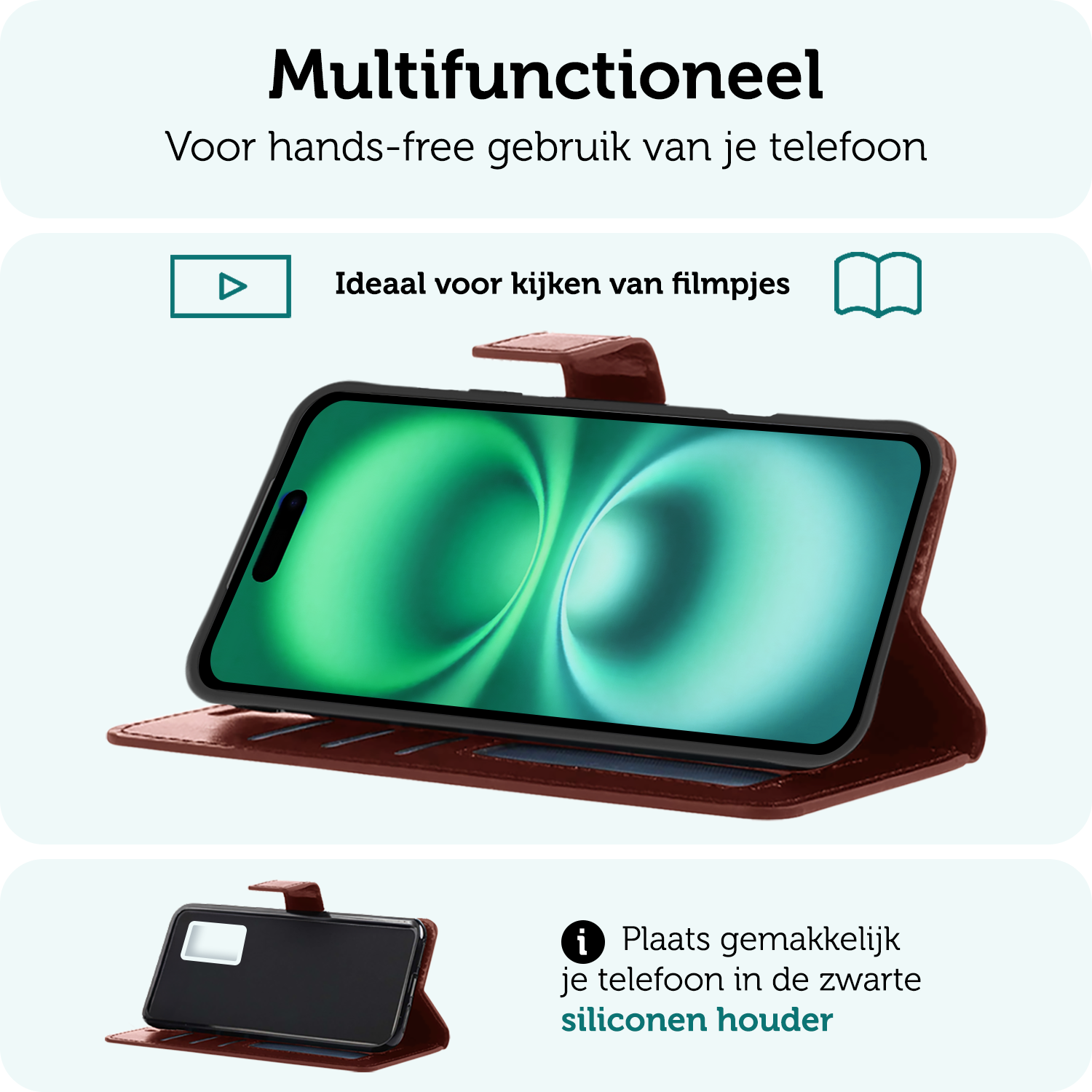 Forterra Hoesje Geschikt voor iPhone 16 Book Case Kunstleer Hoes - Hoes Geschikt voor iPhone 16 Hoesje Bookcase Met Pasjeshouder - Bruin