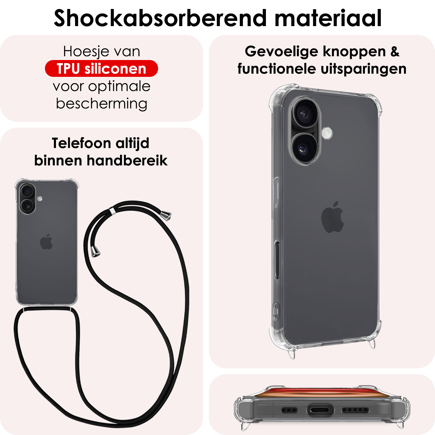 NoXx Hoes Geschikt voor iPhone 16 Hoesje Transparant Met Telefoonkoord Cover Shock Proof Case Koord Hoes