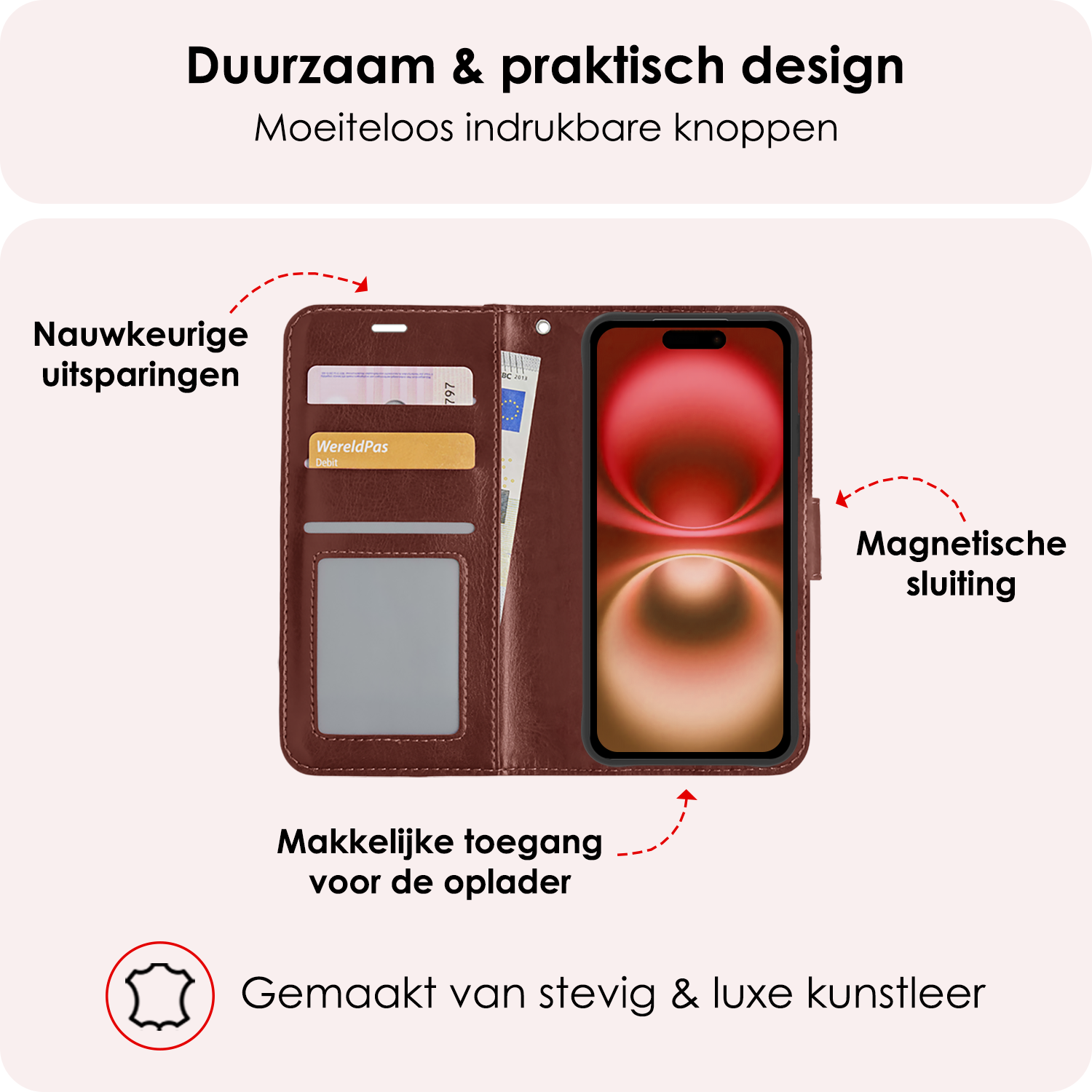 NoXx Hoes Geschikt voor iPhone 16 Hoesje Book Case Hoes Flip Cover Wallet Bookcase Met Screenprotector - Bruin