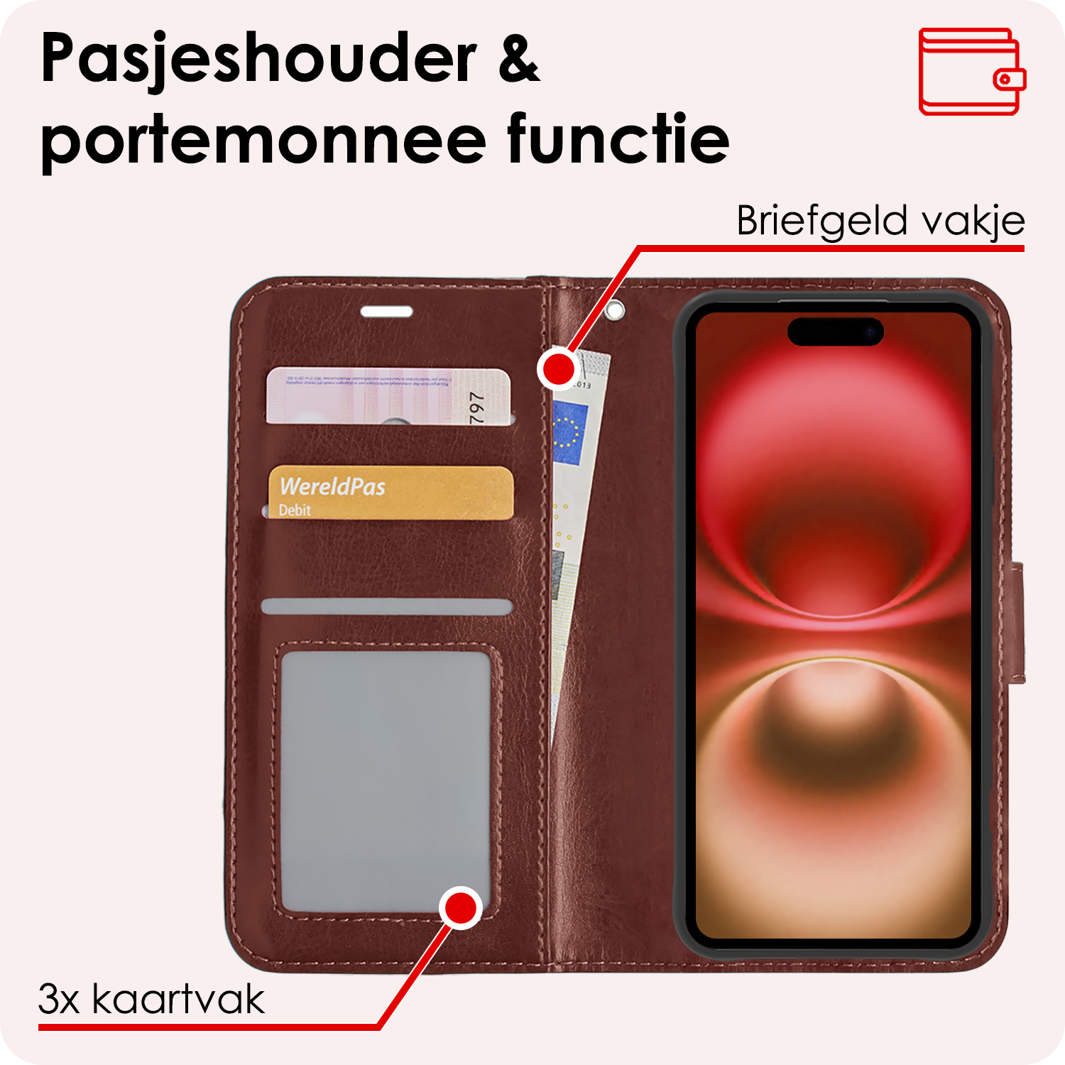NoXx Hoes Geschikt voor iPhone 16 Hoesje Book Case Hoes Flip Cover Wallet Bookcase Met 2x Screenprotector - Bruin