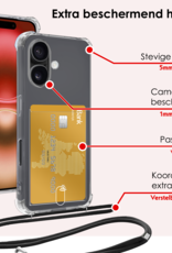 NoXx Hoes Geschikt voor iPhone 16 Hoesje Pasjeshouder Cover Met Koord Shock Proof Case Siliconen Hoes Met Telefoonkoord en Kaarthouder Met 2x Screenprotector - Transparant