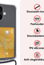 NoXx Hoes Geschikt voor iPhone 16 Hoesje Pasjeshouder Cover Met Koord Shock Proof Case Siliconen Hoes Met Telefoonkoord en Kaarthouder Met 2x Screenprotector - Transparant