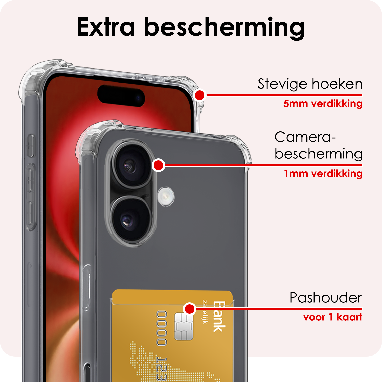 NoXx Hoes Geschikt voor iPhone 16 Hoesje Pasjeshouder Cover Shock Proof Case Siliconen Hoes Met Kaarthouder Met 2x Screenprotector - Transparant