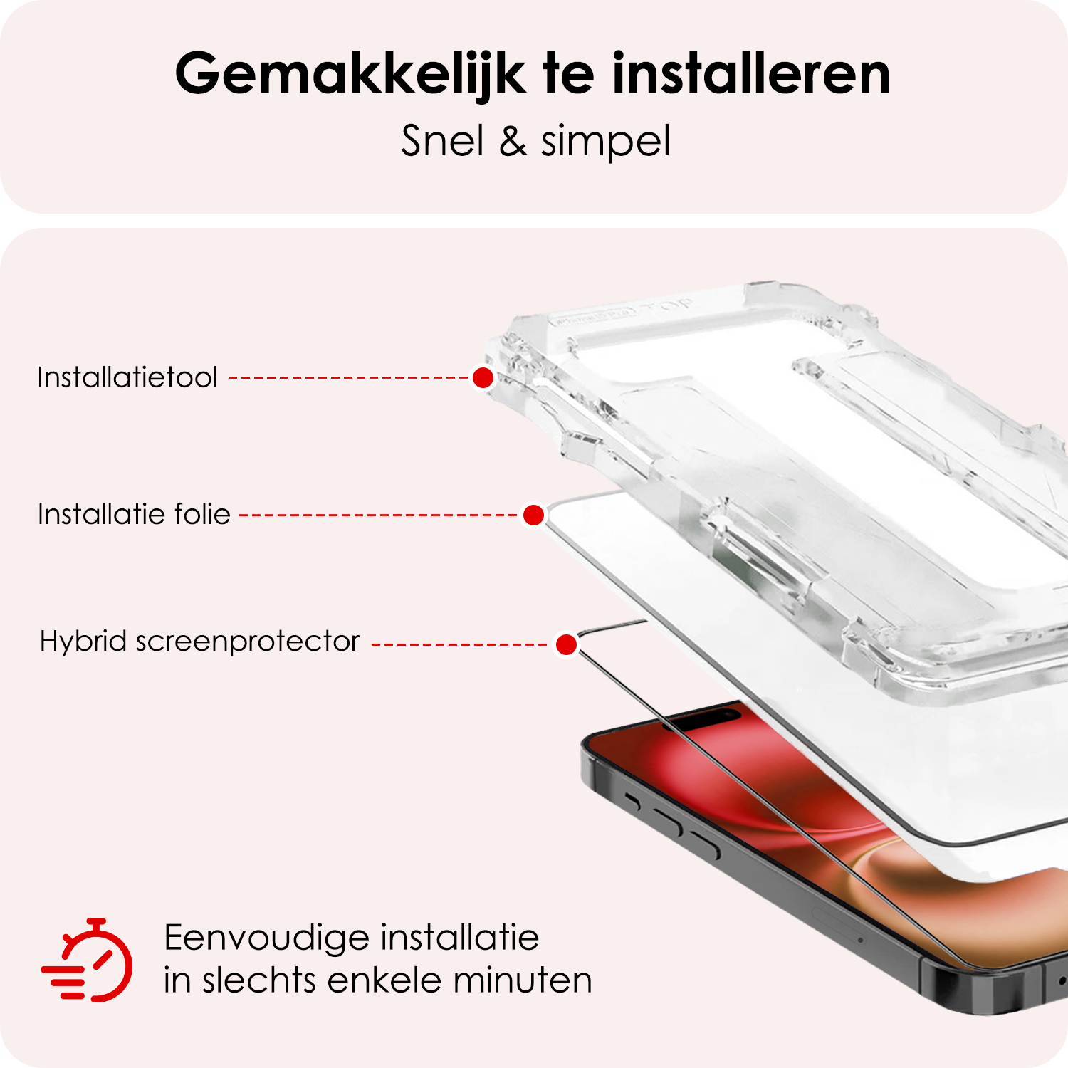 NoXx Screenprotector Geschikt voor iPhone 16 Screenprotector Met Montage Frame Hybrid Flexibel Glass Full Cover