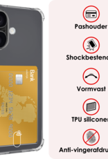NoXx Hoes Geschikt voor iPhone 16 Hoesje Pasjeshouder Cover Shock Proof Case Siliconen Hoes Met Kaarthouder Met Screenprotector - Transparant