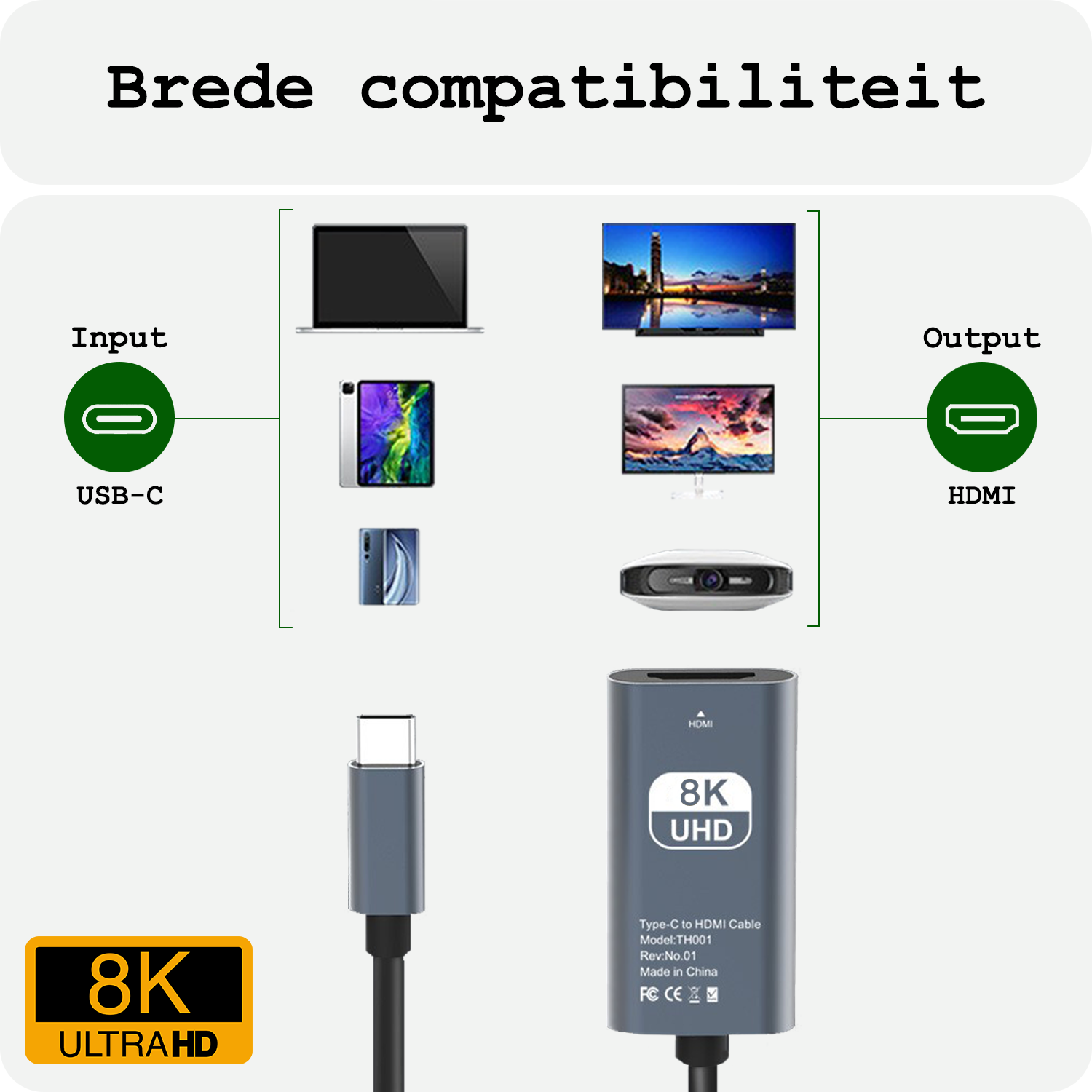 BASEY. USB C naar HDMI Kabel 8K HD 60Hz Kwaliteit - USB C naar HDMI Converter 15cm – Zwart