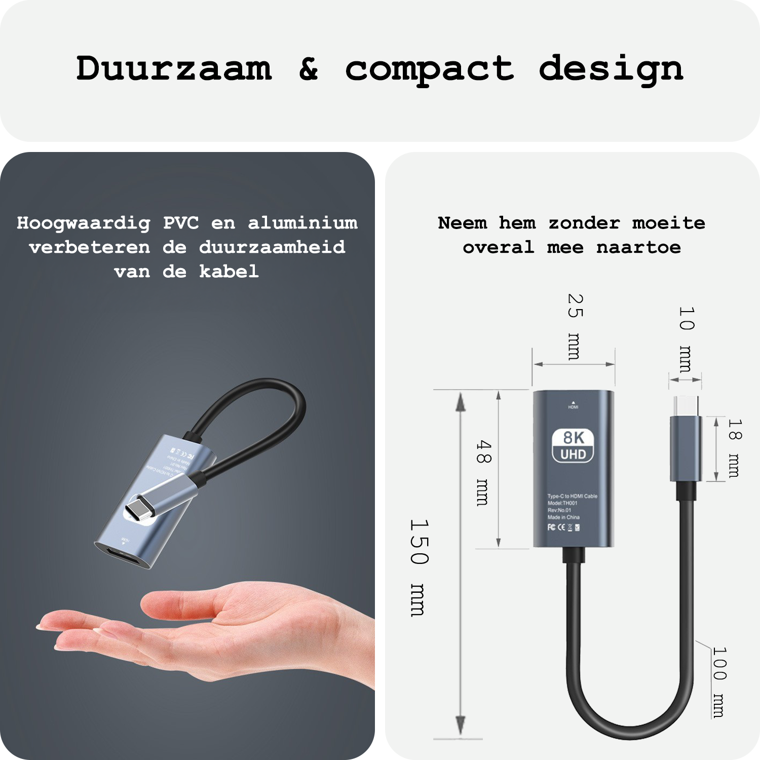 BASEY. USB C naar HDMI Kabel 8K HD 60Hz Kwaliteit - USB C naar HDMI Converter 15cm – Zwart