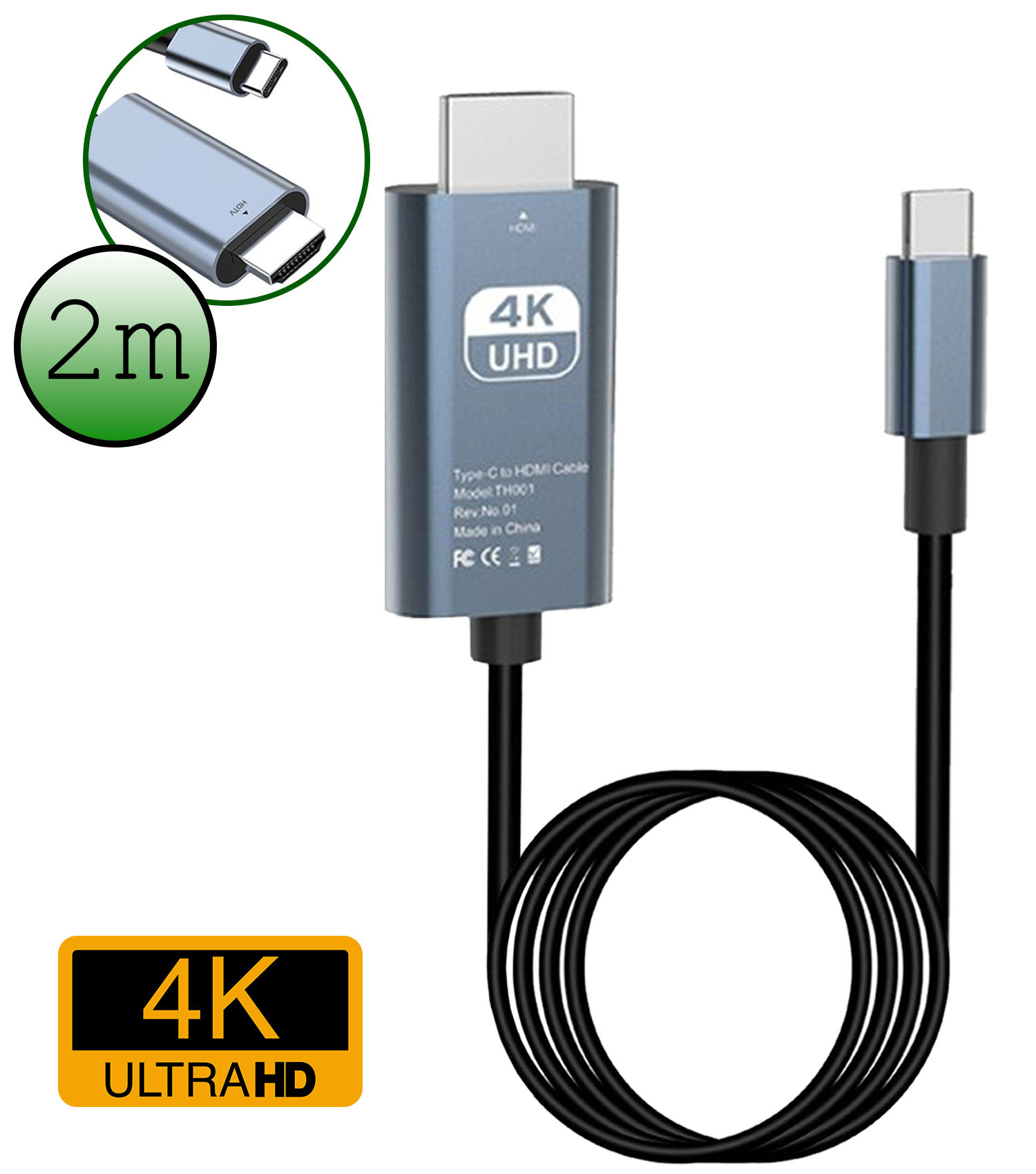BASEY. USB C naar HDMI Kabel 4K HD 30Hz Kwaliteit - USB C naar HDMI Converter 2 meter – Zwart