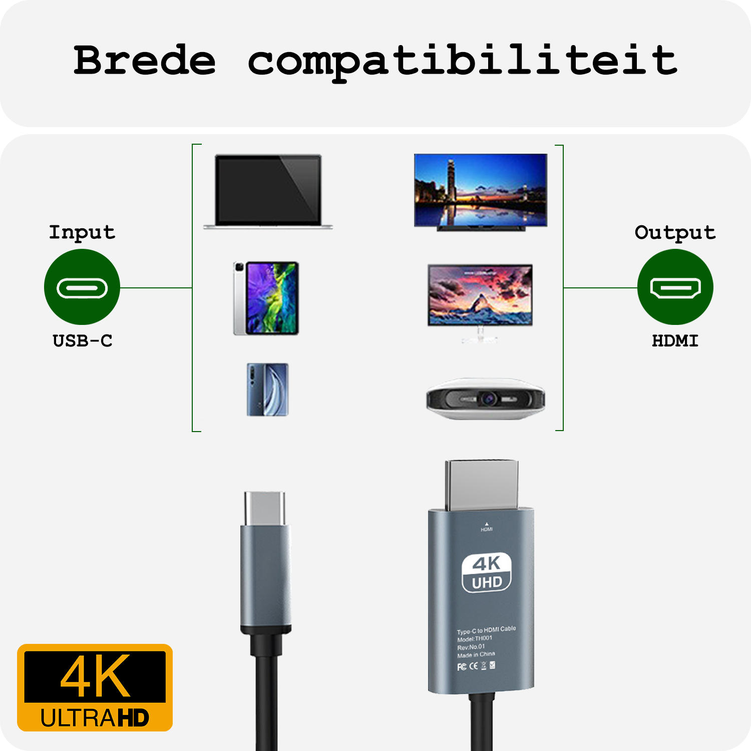 BASEY. USB C naar HDMI Kabel 4K HD 30Hz Kwaliteit - USB C naar HDMI Converter 2 meter – Zwart