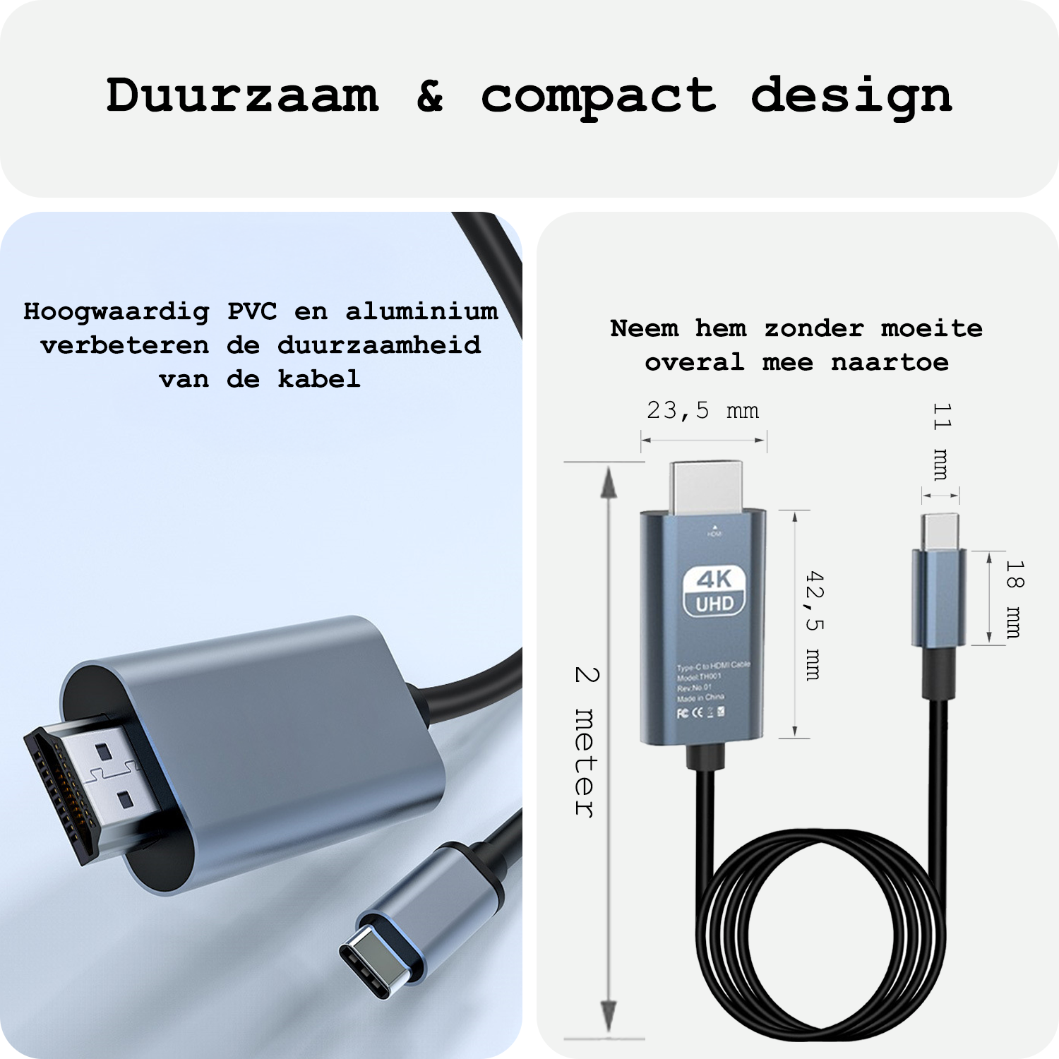 BASEY. USB C naar HDMI Kabel 4K HD 30Hz Kwaliteit - USB C naar HDMI Converter 2 meter – Zwart