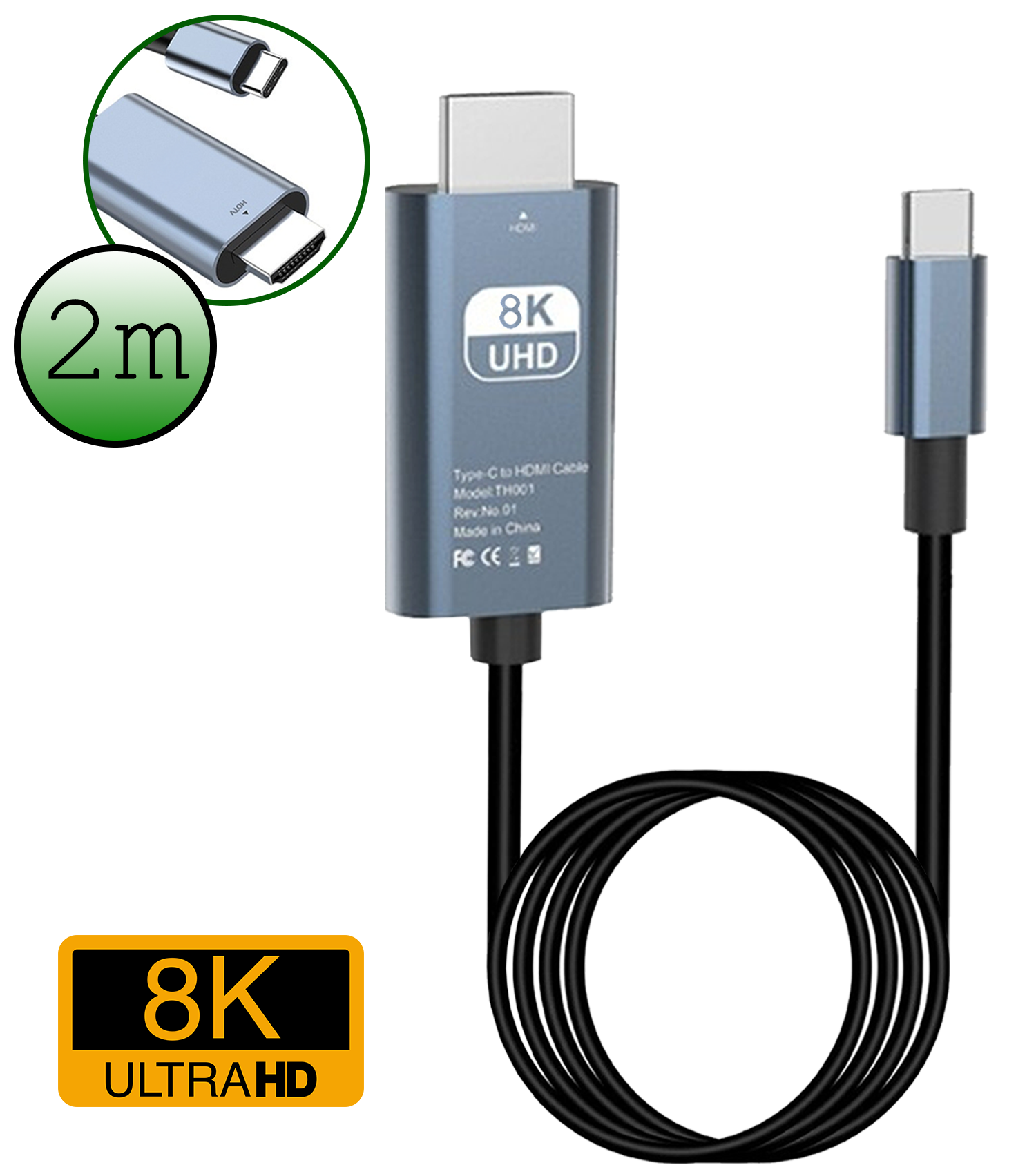 BASEY. USB C naar HDMI Kabel 8K HD 60Hz Kwaliteit - USB C naar HDMI Converter 2 meter – Zwart