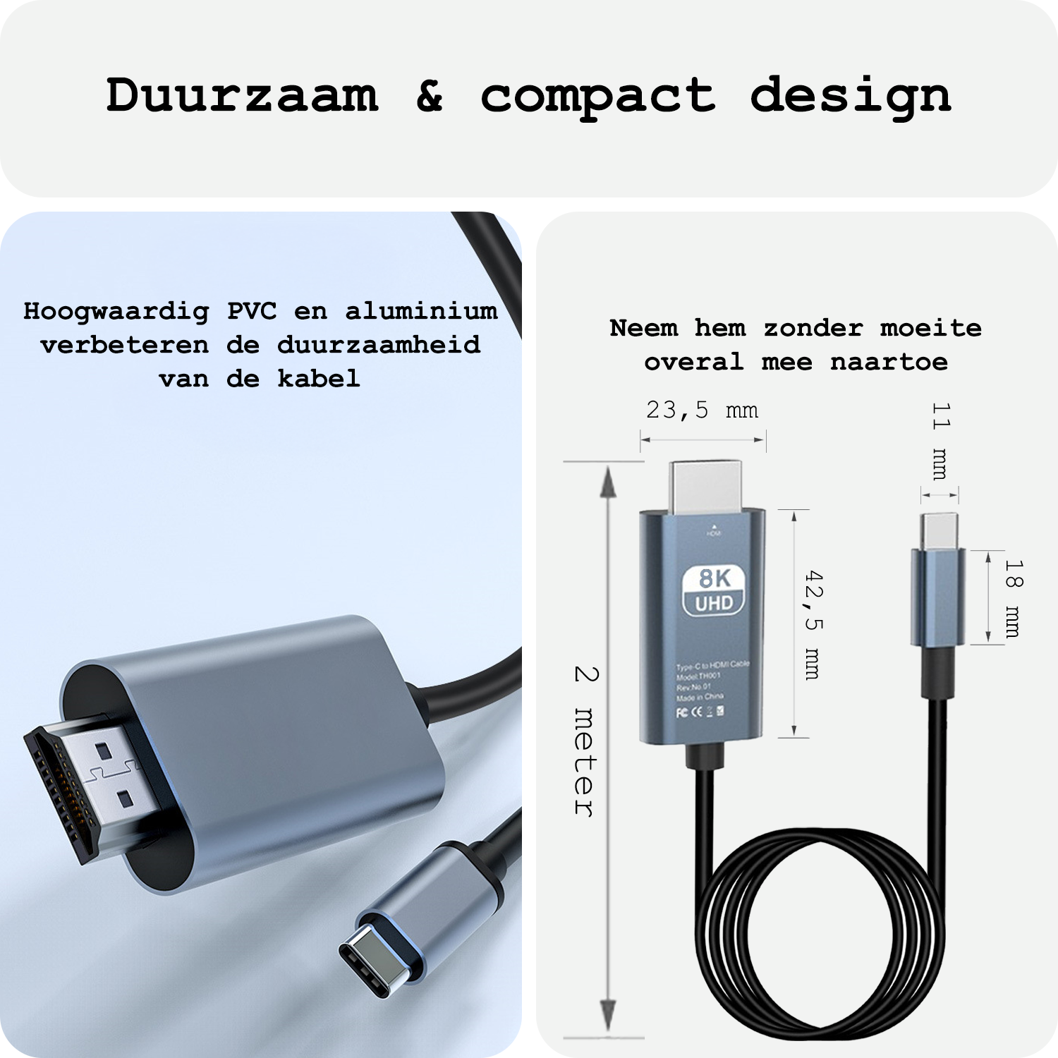 BASEY. USB C naar HDMI Kabel 8K HD 60Hz Kwaliteit - USB C naar HDMI Converter 2 meter – Zwart
