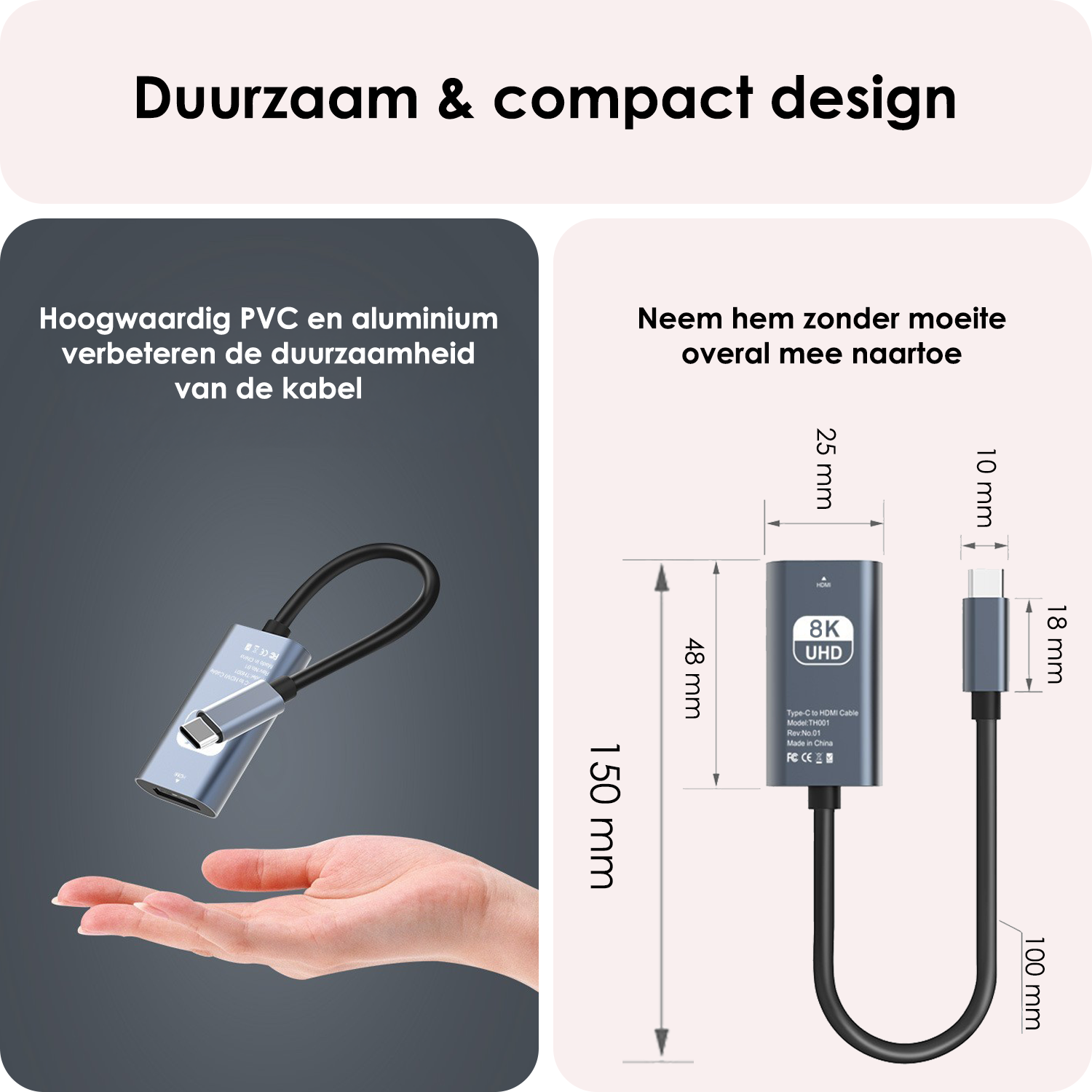NoXx USB C naar HDMI Kabel 15 cm 60Hz 8K – Type C to HDMI Adapter Premium Kwaliteit – Zwart