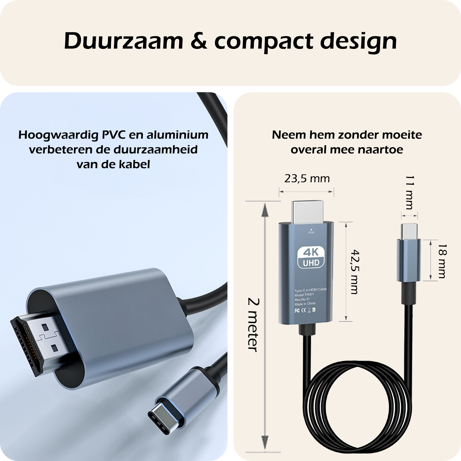 Nomfy USB C naar HDMI Converter 4K 30Hz Resolutie – USB-C naar HDMI Adapter 2 meter - Zwart
