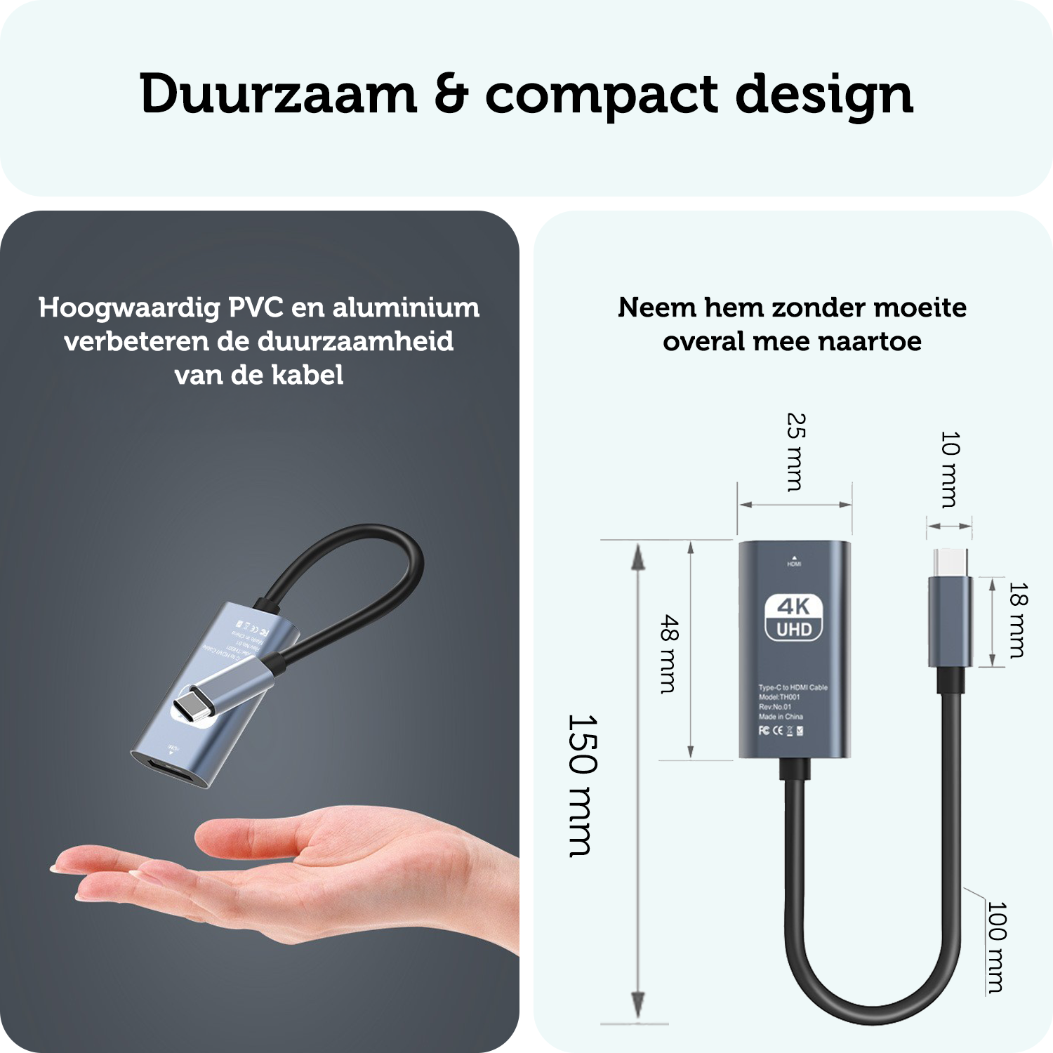 Forterra USB C naar HDMI Kabel Premium Kwaliteit 4K 30 Hz – USB C naar HDMI Adapter 15 cm - Zwart