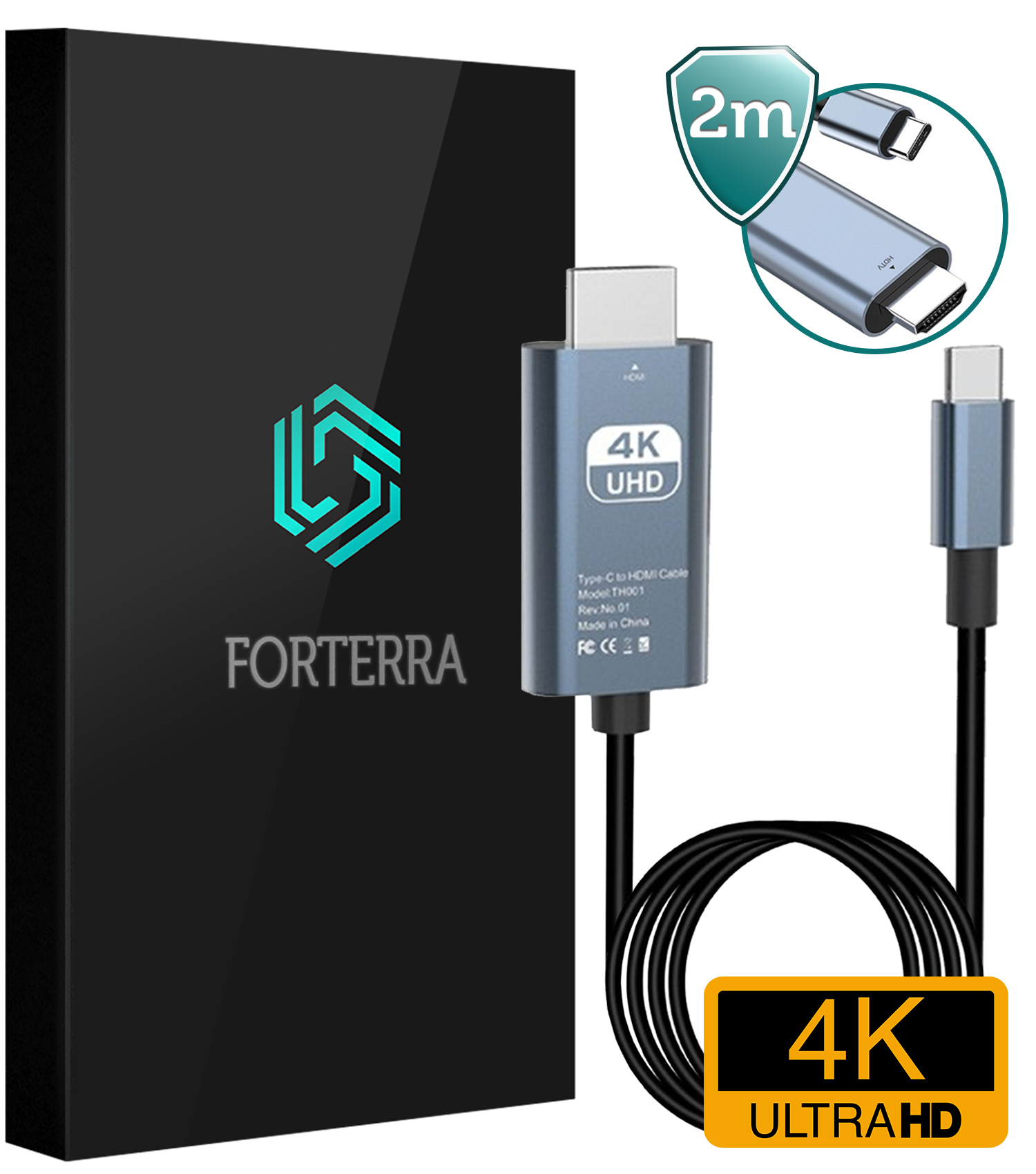 Forterra USB C naar HDMI Kabel Premium Kwaliteit 4K 30 Hz – USB C naar HDMI Adapter 2 meter - Zwart