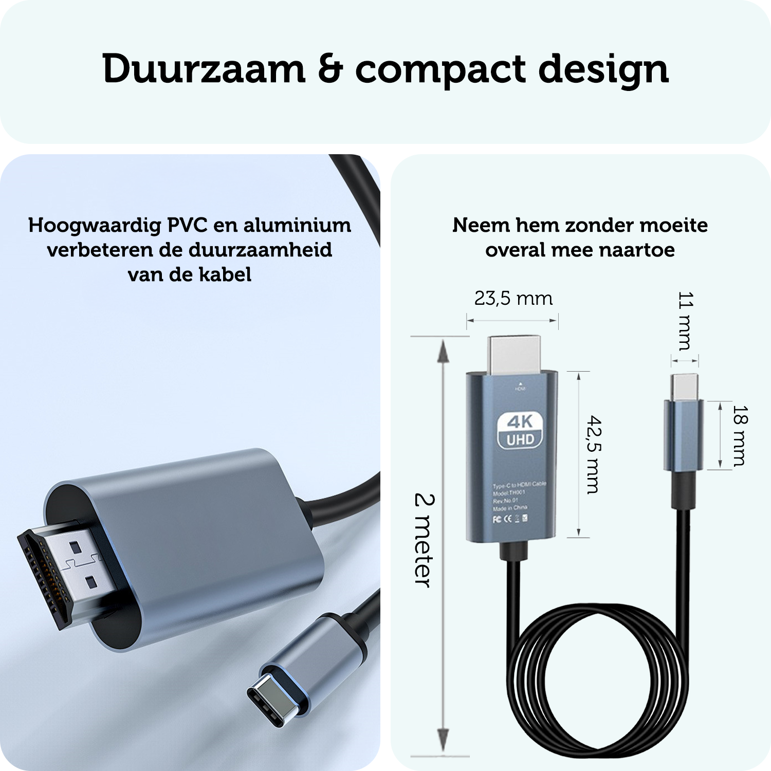 Forterra USB C naar HDMI Kabel Premium Kwaliteit 4K 30 Hz – USB C naar HDMI Adapter 2 meter - Zwart
