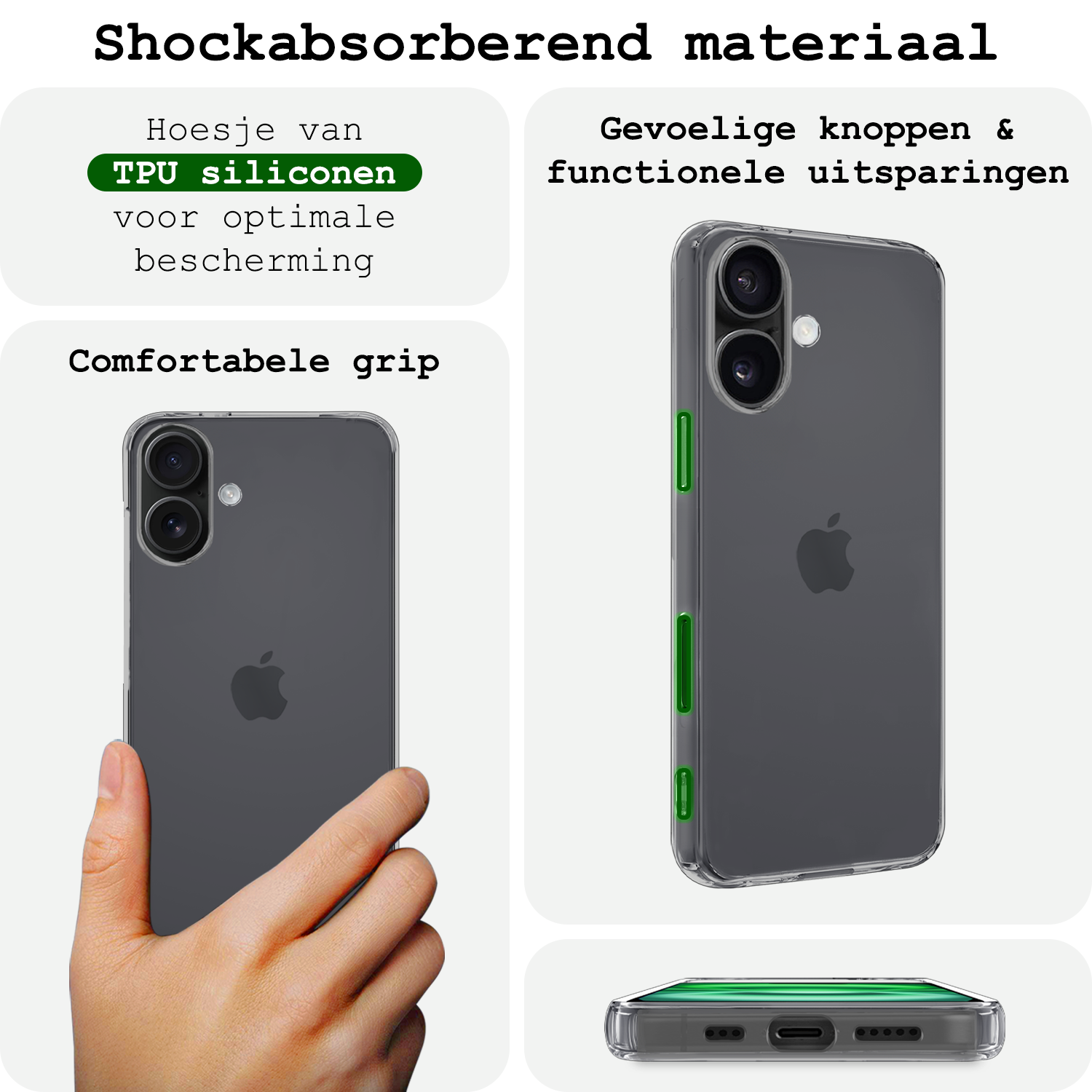 BASEY. Hoes Geschikt voor iPhone 16 Hoesje Siliconen Back Cover Case Met Screenprotector - Hoesje Geschikt voor iPhone 16 Hoes Cover Hoesje - Transparant