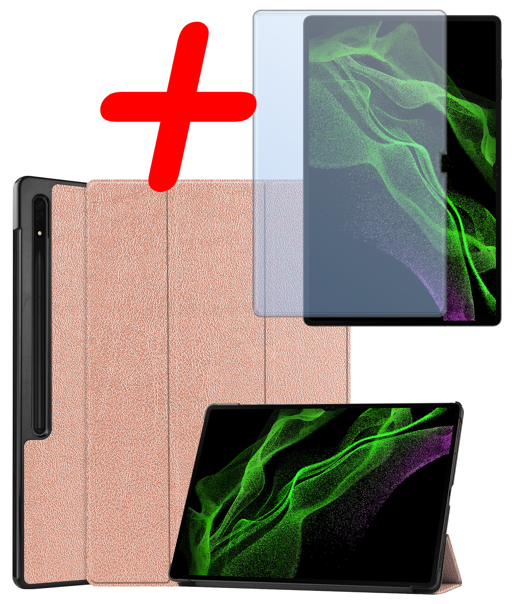 BASEY. Hoesje Geschikt voor Samsung Galaxy Tab S10 Ultra Hoes Case Tablet Hoesje Tri-fold Met Uitsparing Geschikt voor S Pen Met Screenprotector - Hoes Geschikt voor Samsung Tab S10 Ultra Hoesje Hard Cover Bookcase Hoes - Rosé goud