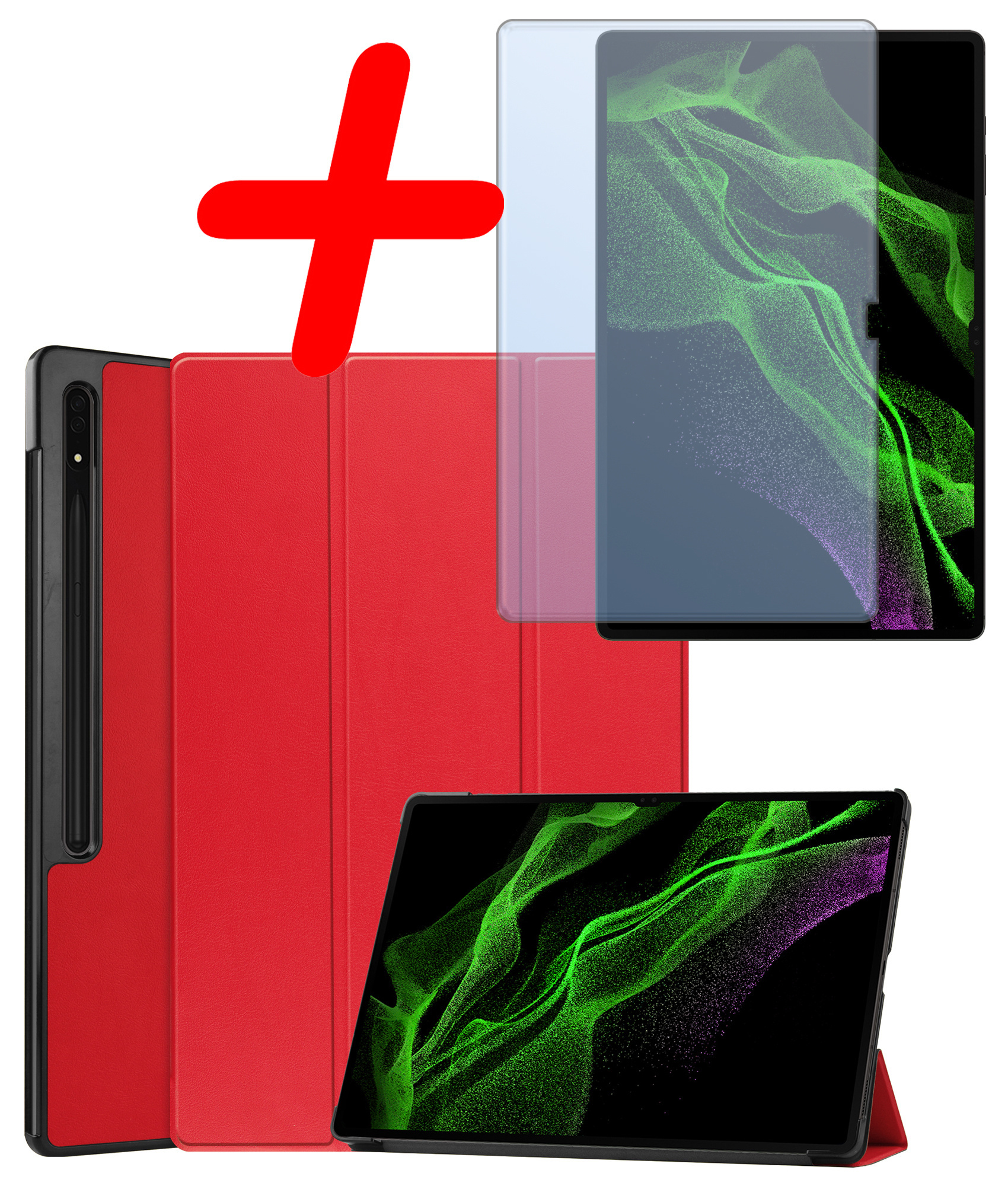 BASEY. Hoesje Geschikt voor Samsung Galaxy Tab S10 Ultra Hoes Case Tablet Hoesje Tri-fold Met Uitsparing Geschikt voor S Pen Met Screenprotector - Hoes Geschikt voor Samsung Tab S10 Ultra Hoesje Hard Cover Bookcase Hoes - Rood