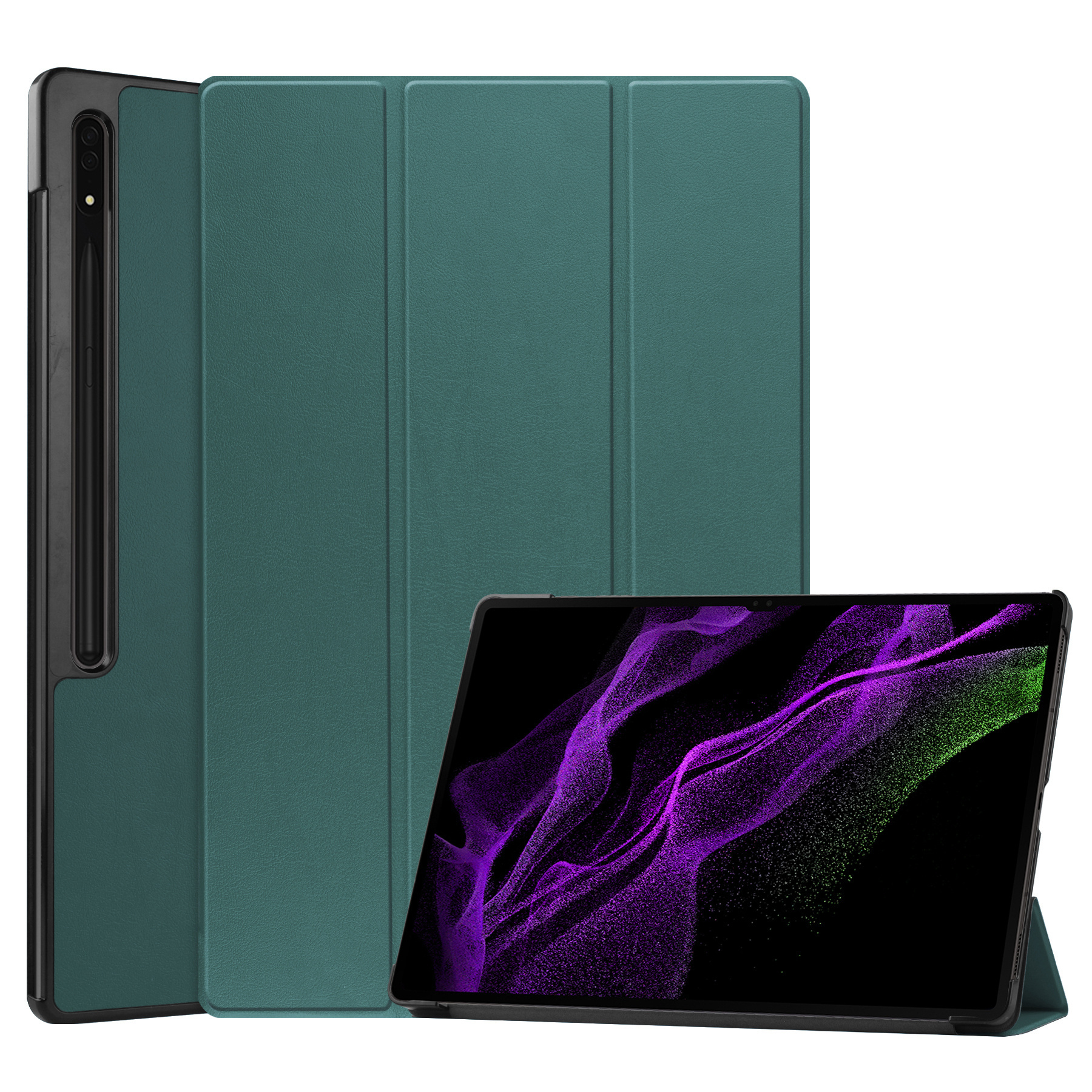 Nomfy Hoes Geschikt voor Samsung Galaxy Tab S10 Ultra Hoes Tri-fold Tablet Hoesje Case Met Uitsparing Geschikt voor S Pen - Hoesje Geschikt voor Samsung Tab S10 Ultra Hoesje Hardcover Bookcase - Donkergroen