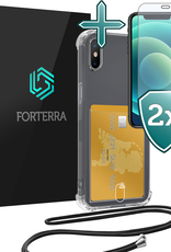 Forterra Hoesje Geschikt voor iPhone Xs Max Pashouder Case Siliconen Hoes Met Koord Met 2x Screenprotector - Hoes Geschikt voor iPhone Xs Max Met Telefoonkoord Hoesje Back Cover Met Pasjeshouder - Transparant