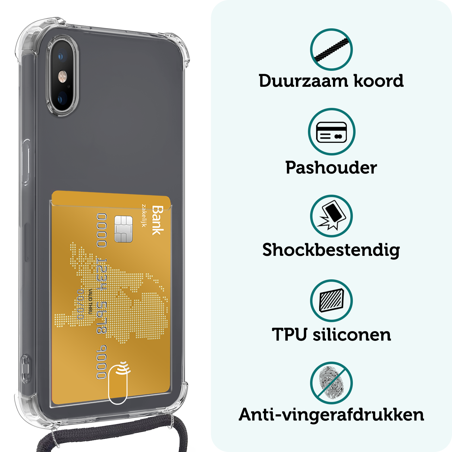 Forterra Hoesje Geschikt voor iPhone Xs Max Pashouder Case Siliconen Hoes Met Koord Met 2x Screenprotector - Hoes Geschikt voor iPhone Xs Max Met Telefoonkoord Hoesje Back Cover Met Pasjeshouder - Transparant