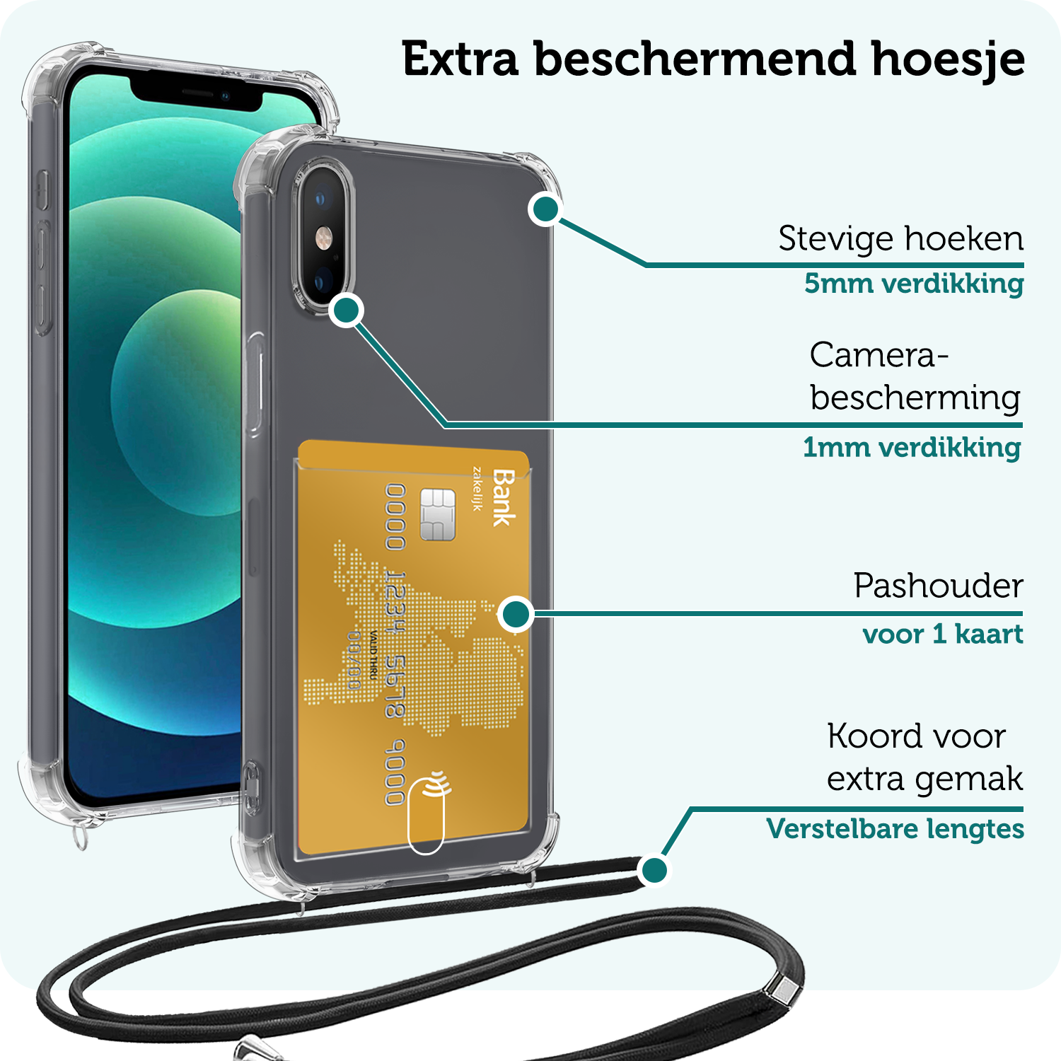 Forterra Hoesje Geschikt voor iPhone Xs Max Pashouder Case Siliconen Hoes Met Koord Met 2x Screenprotector - Hoes Geschikt voor iPhone Xs Max Met Telefoonkoord Hoesje Back Cover Met Pasjeshouder - Transparant