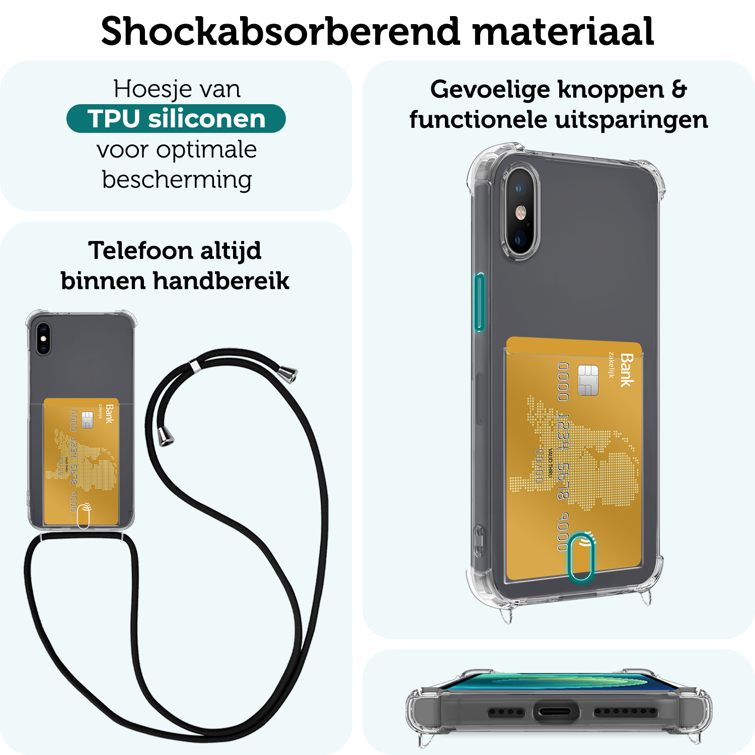 Forterra Hoesje Geschikt voor iPhone Xs Max Pashouder Case Siliconen Hoes Met Koord Met 2x Screenprotector - Hoes Geschikt voor iPhone Xs Max Met Telefoonkoord Hoesje Back Cover Met Pasjeshouder - Transparant