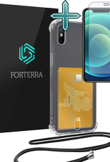 Forterra Hoesje Geschikt voor iPhone Xs Max Pashouder Case Siliconen Hoes Met Koord Met Screenprotector - Hoes Geschikt voor iPhone Xs Max Met Telefoonkoord Hoesje Back Cover Met Pasjeshouder - Transparant
