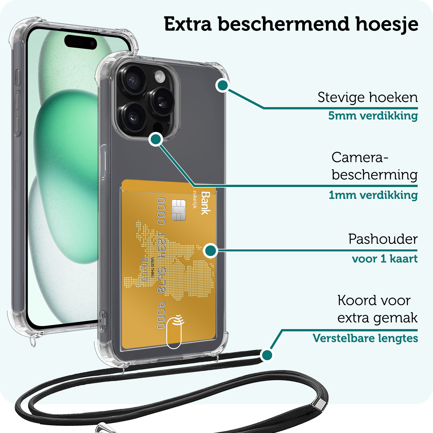 Forterra Hoesje Geschikt voor iPhone 12 Pro Pashouder Case Siliconen Hoes Met Koord - Hoes Geschikt voor iPhone 12 Pro Met Telefoonkoord Hoesje Back Cover Met Pasjeshouder - Transparant