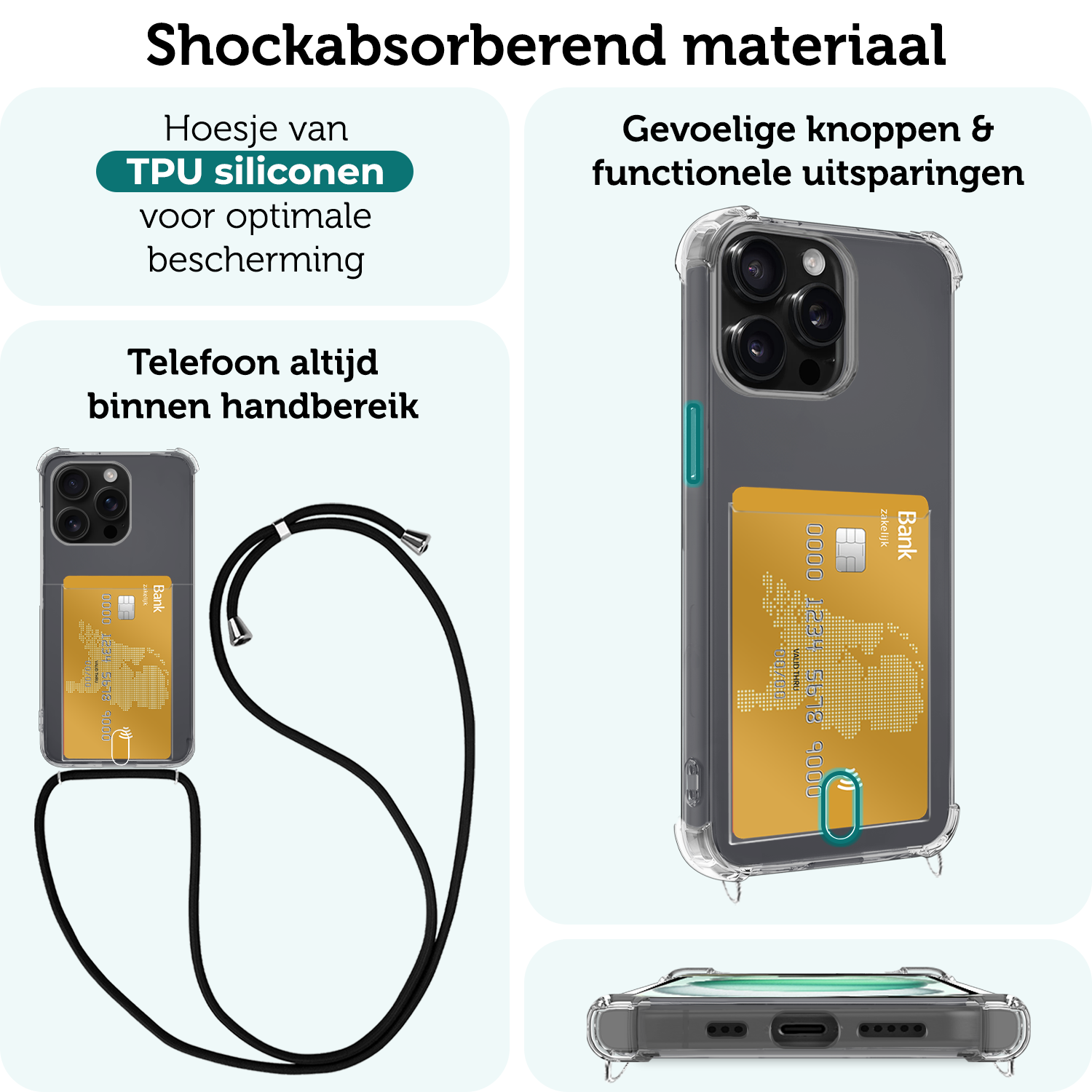 Forterra Hoesje Geschikt voor iPhone 12 Pro Pashouder Case Siliconen Hoes Met Koord - Hoes Geschikt voor iPhone 12 Pro Met Telefoonkoord Hoesje Back Cover Met Pasjeshouder - Transparant