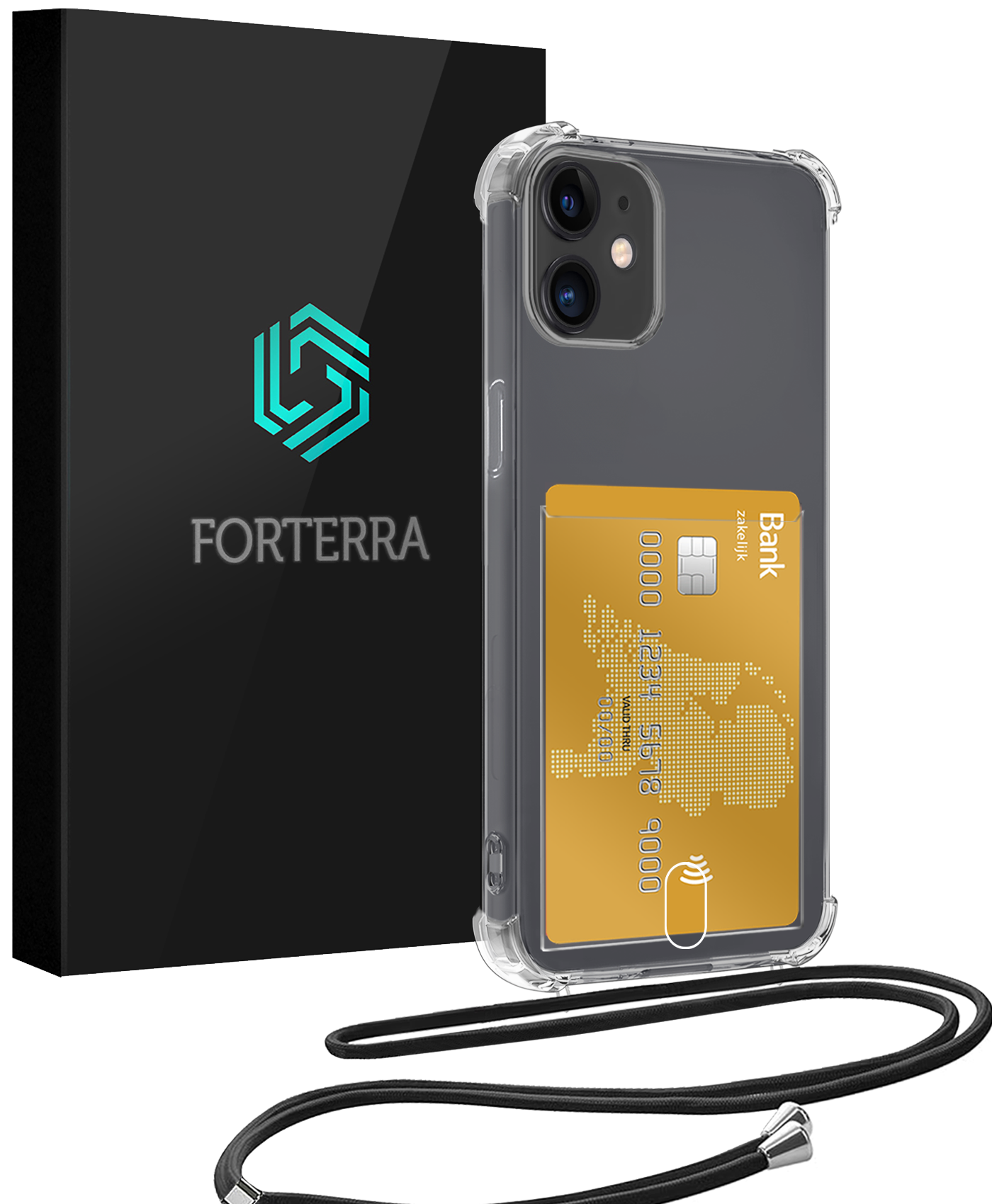 Forterra Hoesje Geschikt voor iPhone 12 Mini Pashouder Case Siliconen Hoes Met Koord - Hoes Geschikt voor iPhone 12 Mini Met Telefoonkoord Hoesje Back Cover Met Pasjeshouder - Transparant