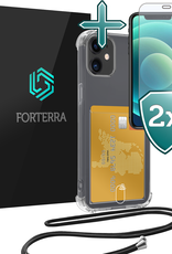 Forterra Hoesje Geschikt voor iPhone 12 Pashouder Case Siliconen Hoes Met Koord Met 2x Screenprotector - Hoes Geschikt voor iPhone 12 Met Telefoonkoord Hoesje Back Cover Met Pasjeshouder - Transparant