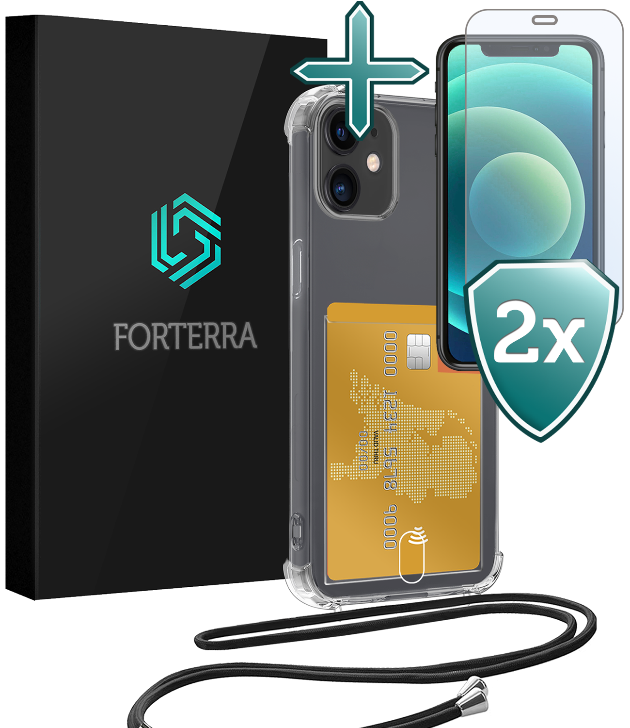 Forterra Hoesje Geschikt voor iPhone 12 Pashouder Case Siliconen Hoes Met Koord Met 2x Screenprotector - Hoes Geschikt voor iPhone 12 Met Telefoonkoord Hoesje Back Cover Met Pasjeshouder - Transparant