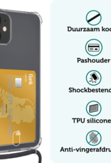 Forterra Hoesje Geschikt voor iPhone 12 Pashouder Case Siliconen Hoes Met Koord Met 2x Screenprotector - Hoes Geschikt voor iPhone 12 Met Telefoonkoord Hoesje Back Cover Met Pasjeshouder - Transparant