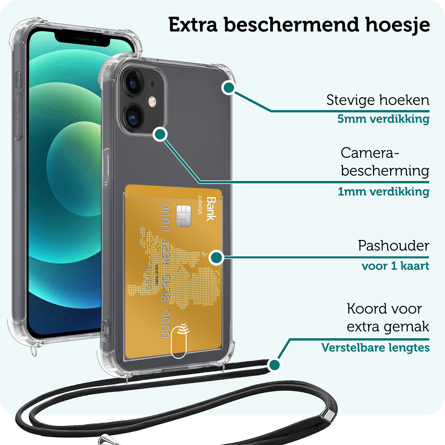 Forterra Hoesje Geschikt voor iPhone 12 Pashouder Case Siliconen Hoes Met Koord Met 2x Screenprotector - Hoes Geschikt voor iPhone 12 Met Telefoonkoord Hoesje Back Cover Met Pasjeshouder - Transparant