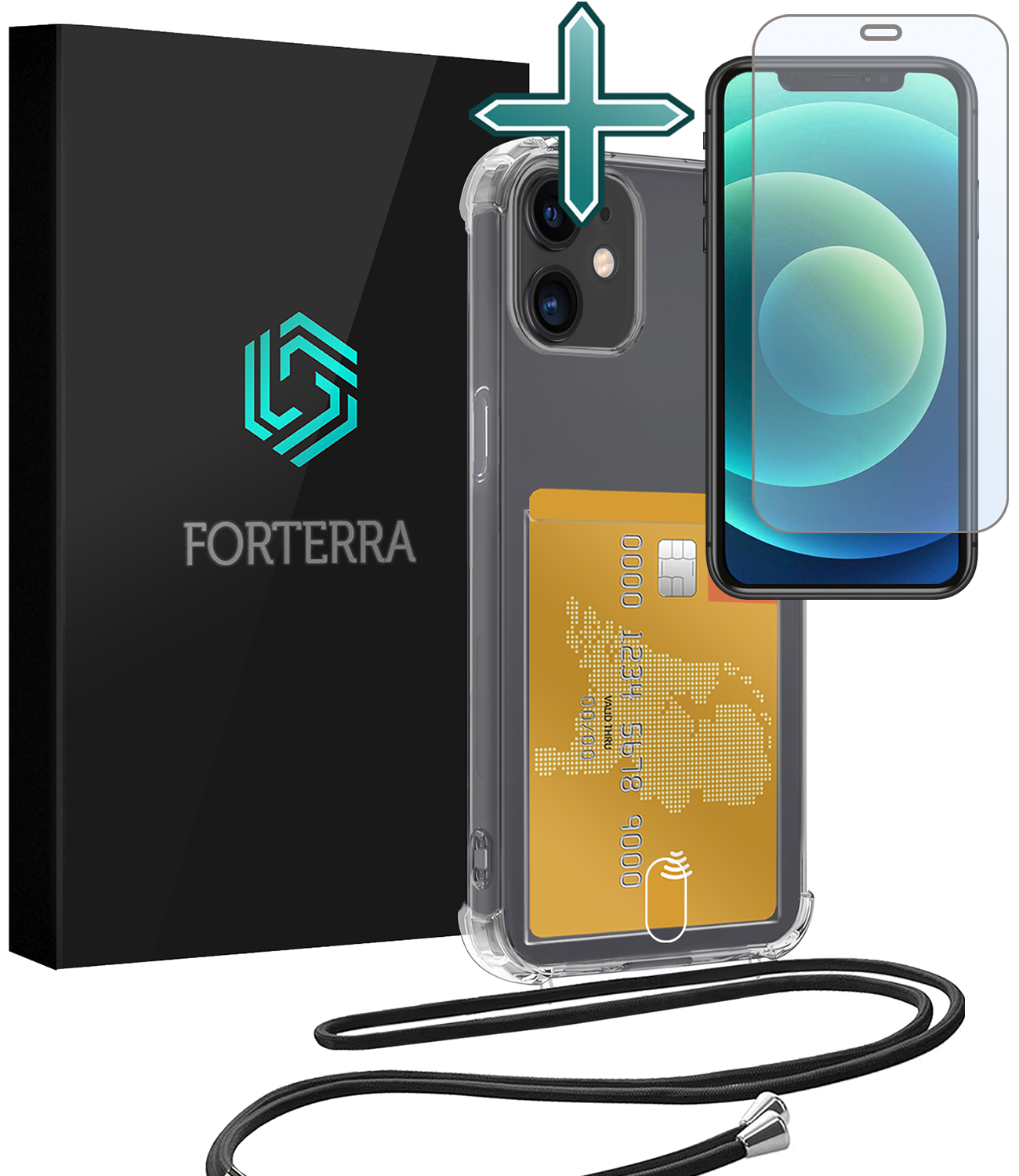 Forterra Hoesje Geschikt voor iPhone 12 Pashouder Case Siliconen Hoes Met Koord Met Screenprotector - Hoes Geschikt voor iPhone 12 Met Telefoonkoord Hoesje Back Cover Met Pasjeshouder - Transparant