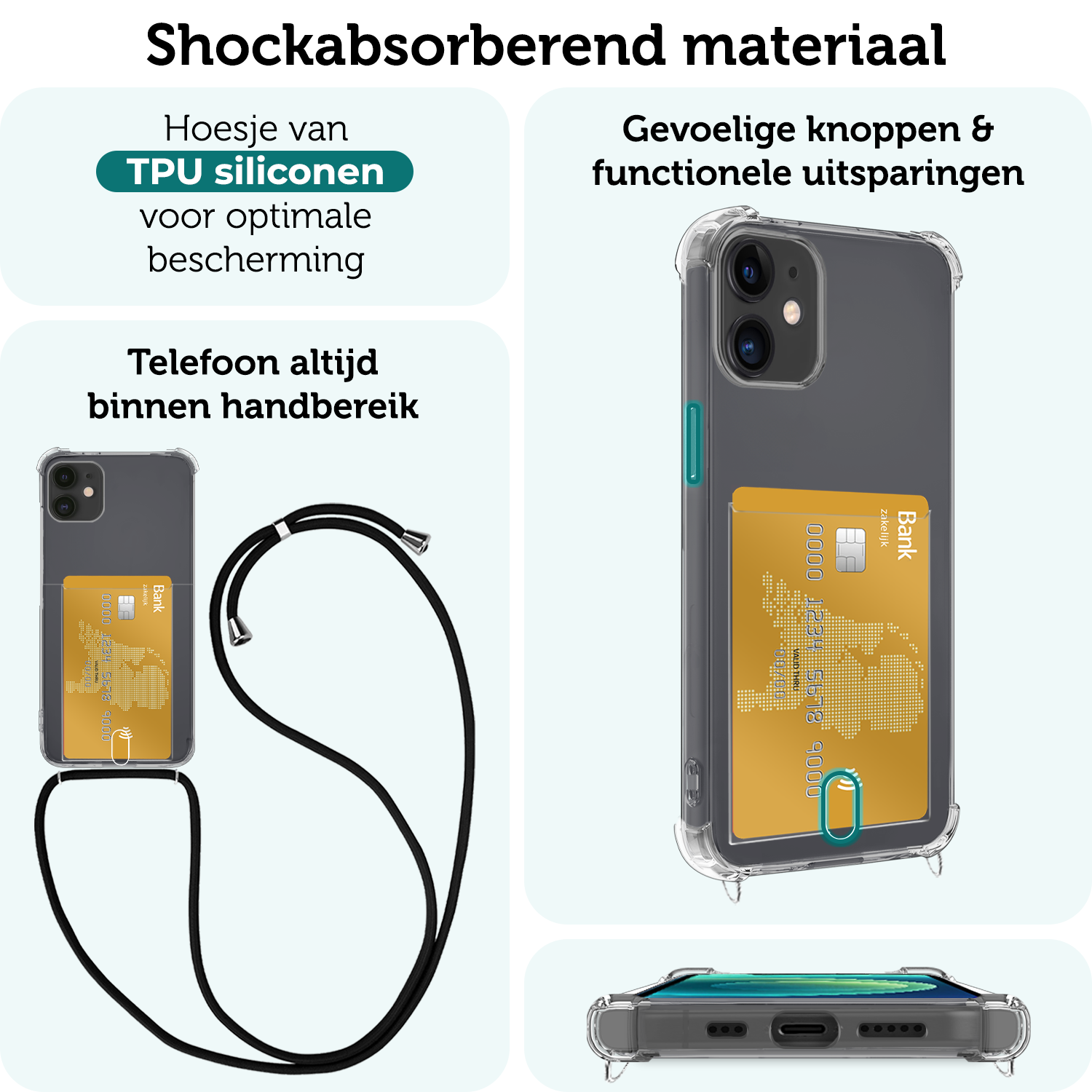 Forterra Hoesje Geschikt voor iPhone 12 Pashouder Case Siliconen Hoes Met Koord Met 2x Screenprotector - Hoes Geschikt voor iPhone 12 Met Telefoonkoord Hoesje Back Cover Met Pasjeshouder - Transparant