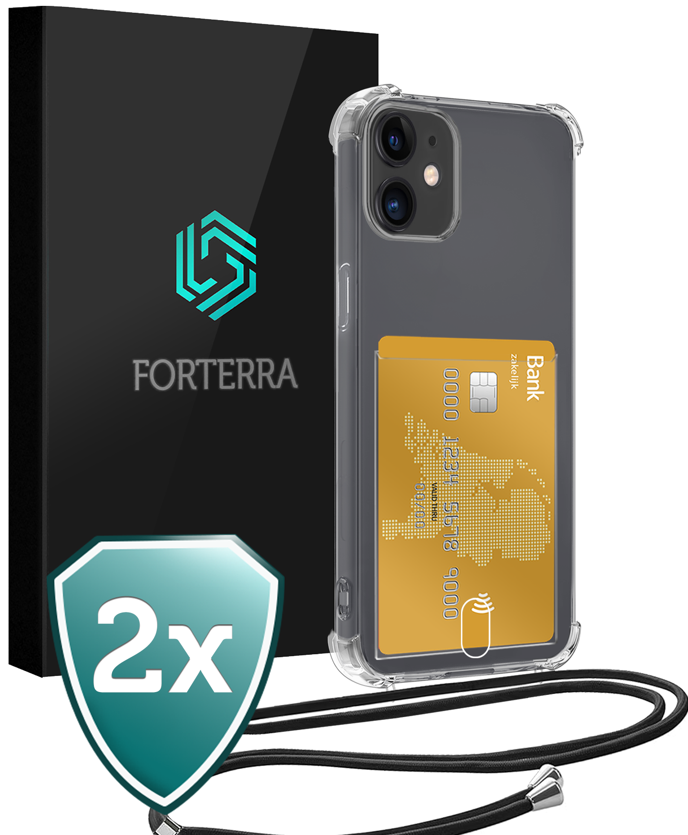 Forterra Hoesje Geschikt voor iPhone 12 Pashouder Case Siliconen Hoes Met Koord - Hoes Geschikt voor iPhone 12 Met Telefoonkoord Hoesje Back Cover Met Pasjeshouder - Transparant - 2 PACK