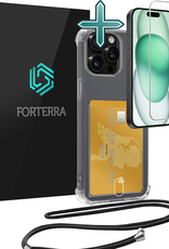 Forterra Hoesje Geschikt voor iPhone 13 Pro Max Pashouder Case Siliconen Hoes Met Koord Met Screenprotector - Hoes Geschikt voor iPhone 13 Pro Max Met Telefoonkoord Hoesje Back Cover Met Pasjeshouder - Transparant