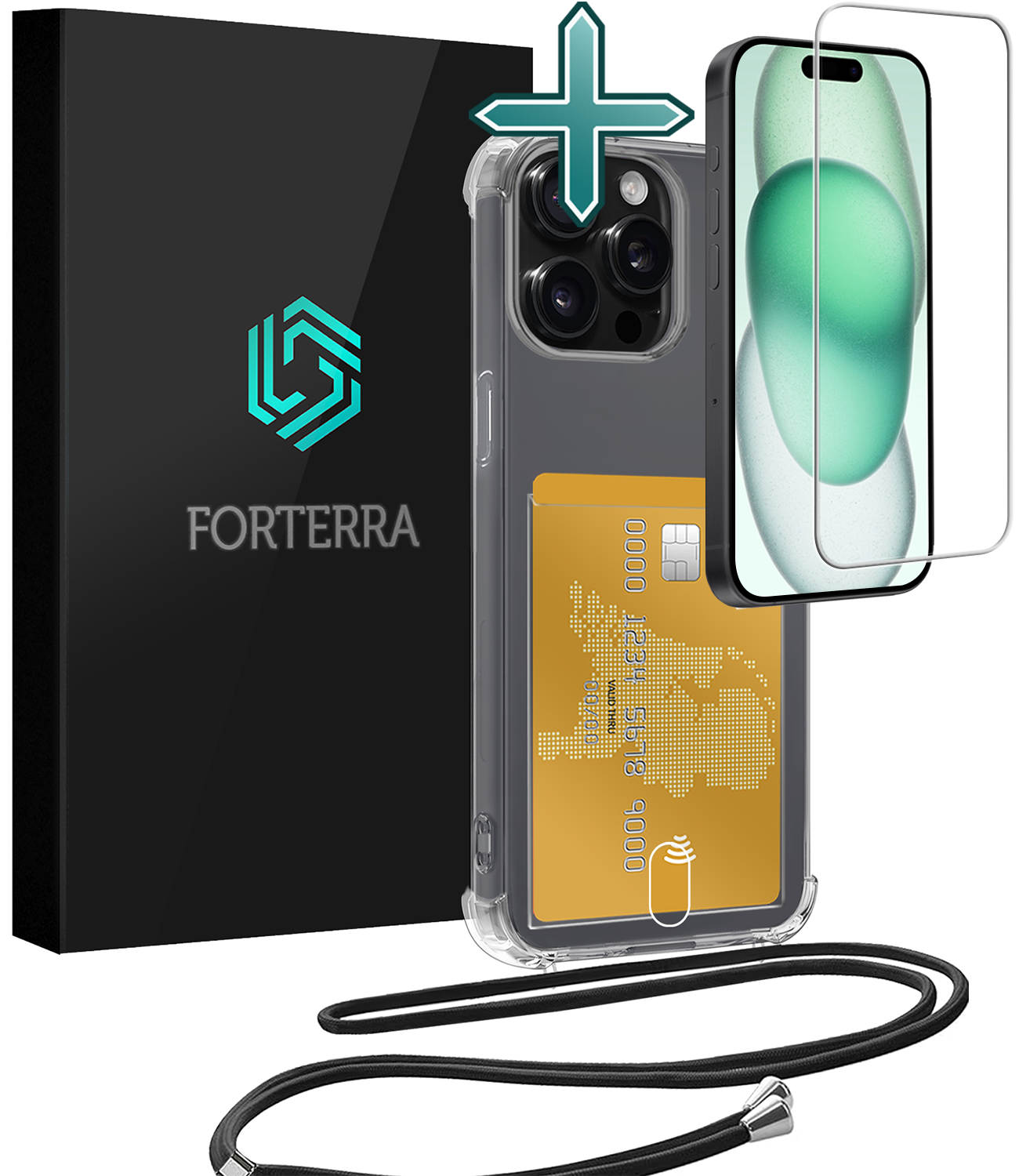 Forterra Hoesje Geschikt voor iPhone 13 Pro Max Pashouder Case Siliconen Hoes Met Koord Met Screenprotector - Hoes Geschikt voor iPhone 13 Pro Max Met Telefoonkoord Hoesje Back Cover Met Pasjeshouder - Transparant