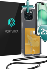 Forterra Hoesje Geschikt voor iPhone 13 Mini Pashouder Case Siliconen Hoes Met Koord Met 2x Screenprotector - Hoes Geschikt voor iPhone 13 Mini Met Telefoonkoord Hoesje Back Cover Met Pasjeshouder - Transparant