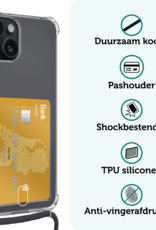 Forterra Hoesje Geschikt voor iPhone 13 Mini Pashouder Case Siliconen Hoes Met Koord Met 2x Screenprotector - Hoes Geschikt voor iPhone 13 Mini Met Telefoonkoord Hoesje Back Cover Met Pasjeshouder - Transparant
